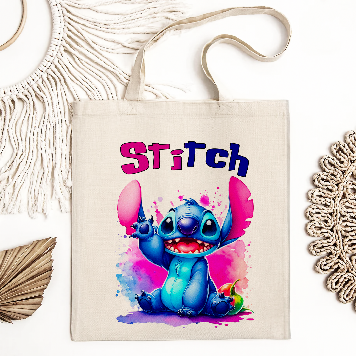 Stitch Hello Colorful Linen Tote Bag - Custom Name | Eco-Friendly Lightweight Shopping & Everyday Carrier