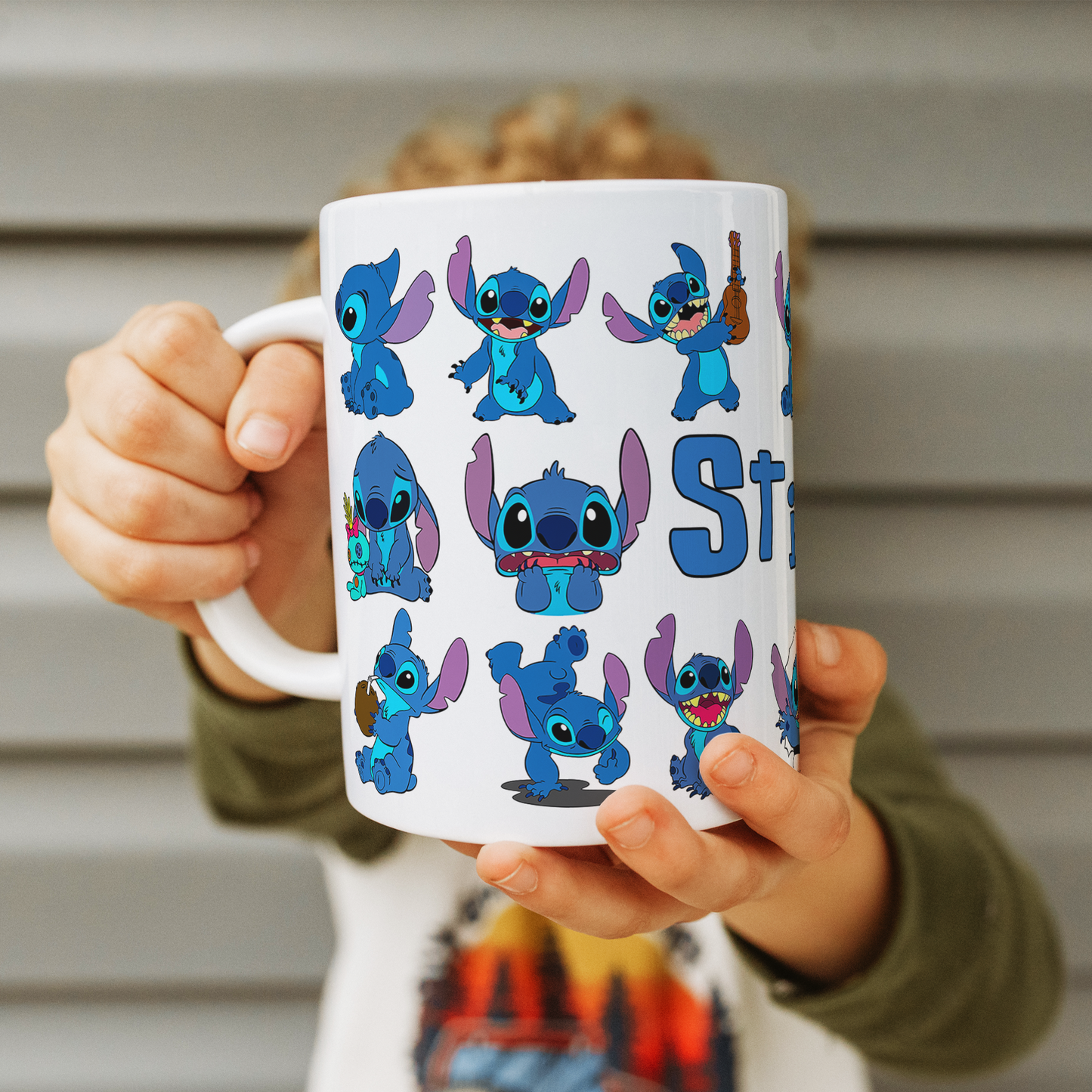 Stitch Character Collage Ceramic Mug – Custom Name | Vibrant & Comfortable