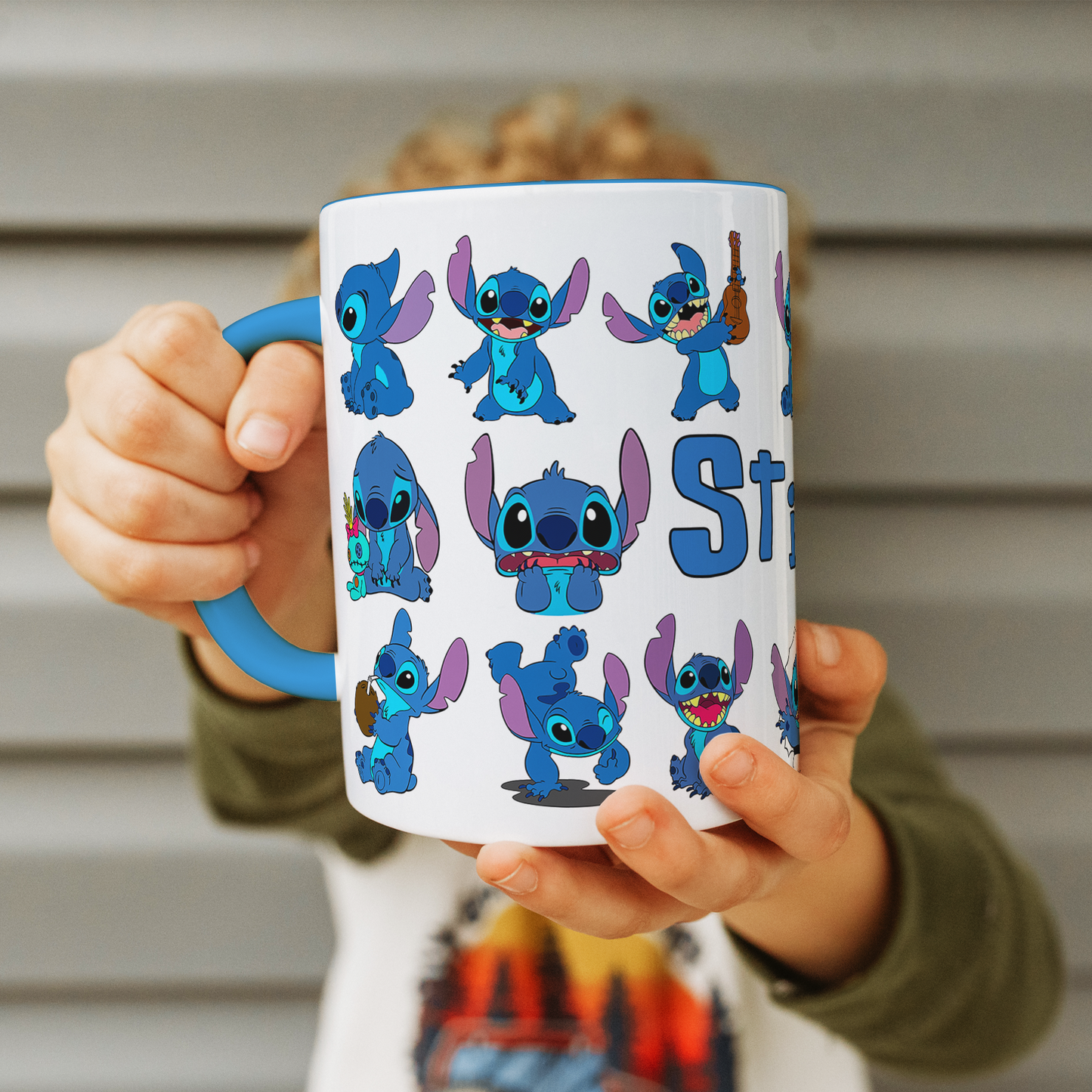 Stitch Character Collage Ceramic Mug with Blue Handle & Rim – Custom Name | Vibrant & Comfortable