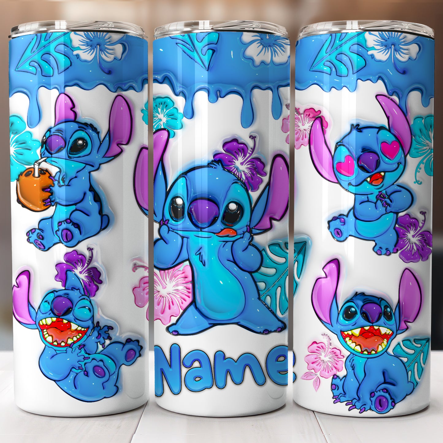 Stitch 3D Tropical Whimsy 20oz Tumbler – Custom Name | Sliding Lid & Straw