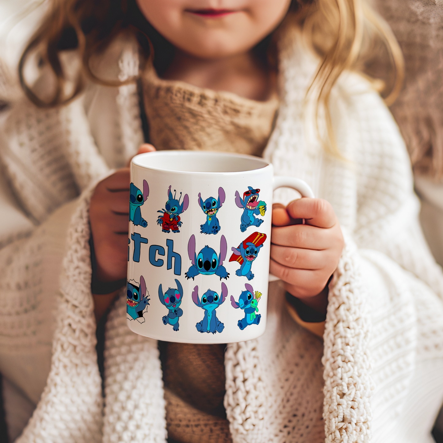 Stitch Character Collage Ceramic Mug – Custom Name | Vibrant & Comfortable