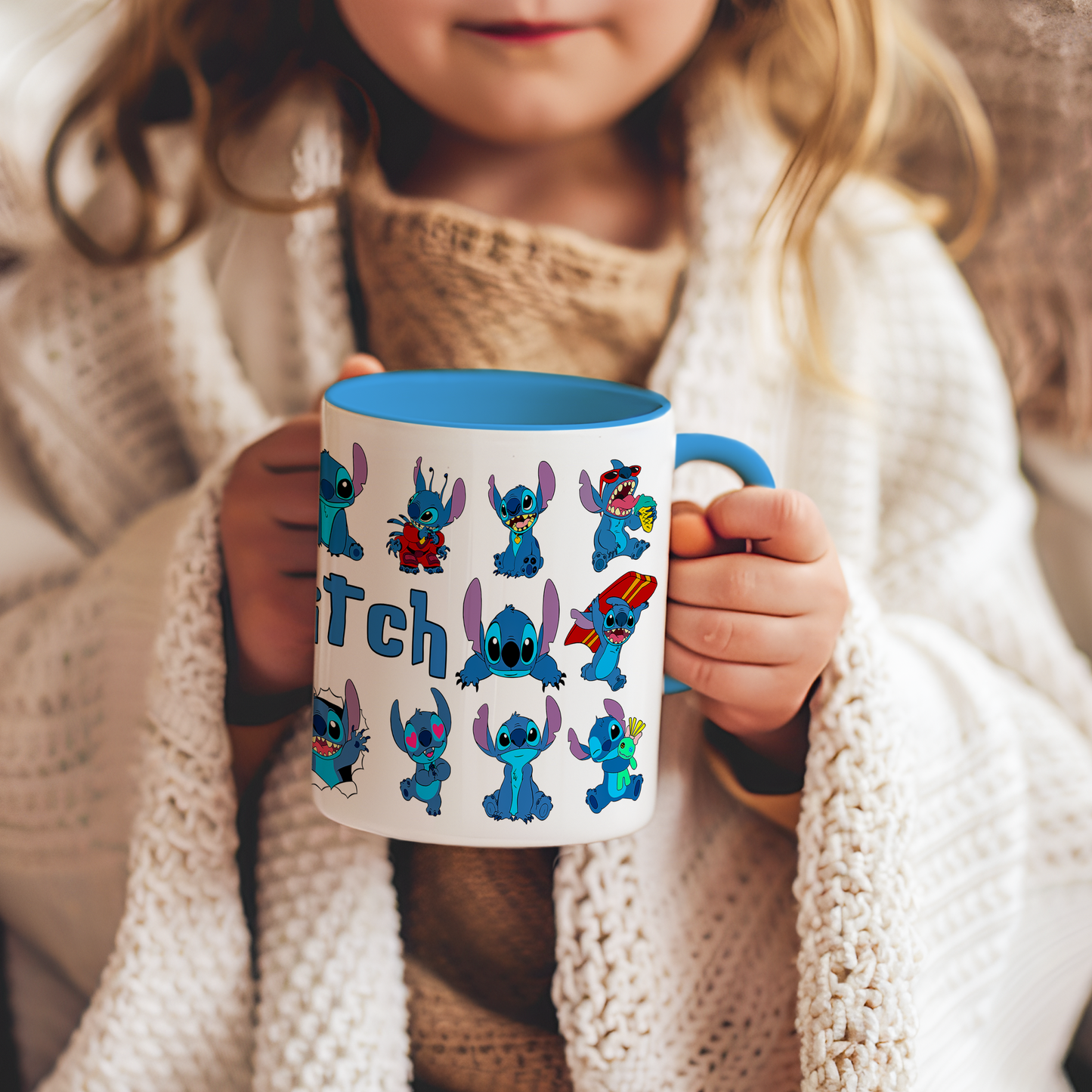 Stitch Character Collage Ceramic Mug with Blue Handle & Rim – Custom Name | Vibrant & Comfortable