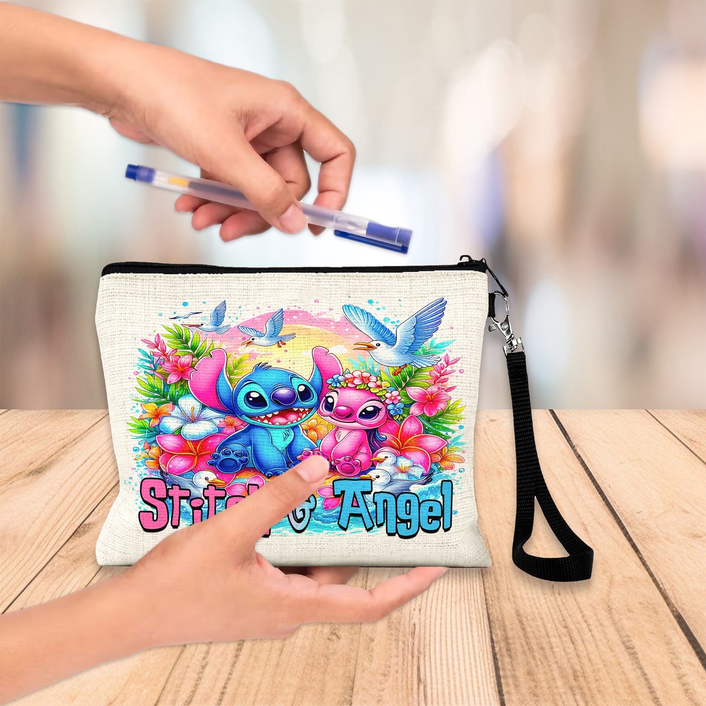 Stitch & Angel Tropical Linen Pouch – Custom Name | Zipper Closure & Detachable Wrist Strap