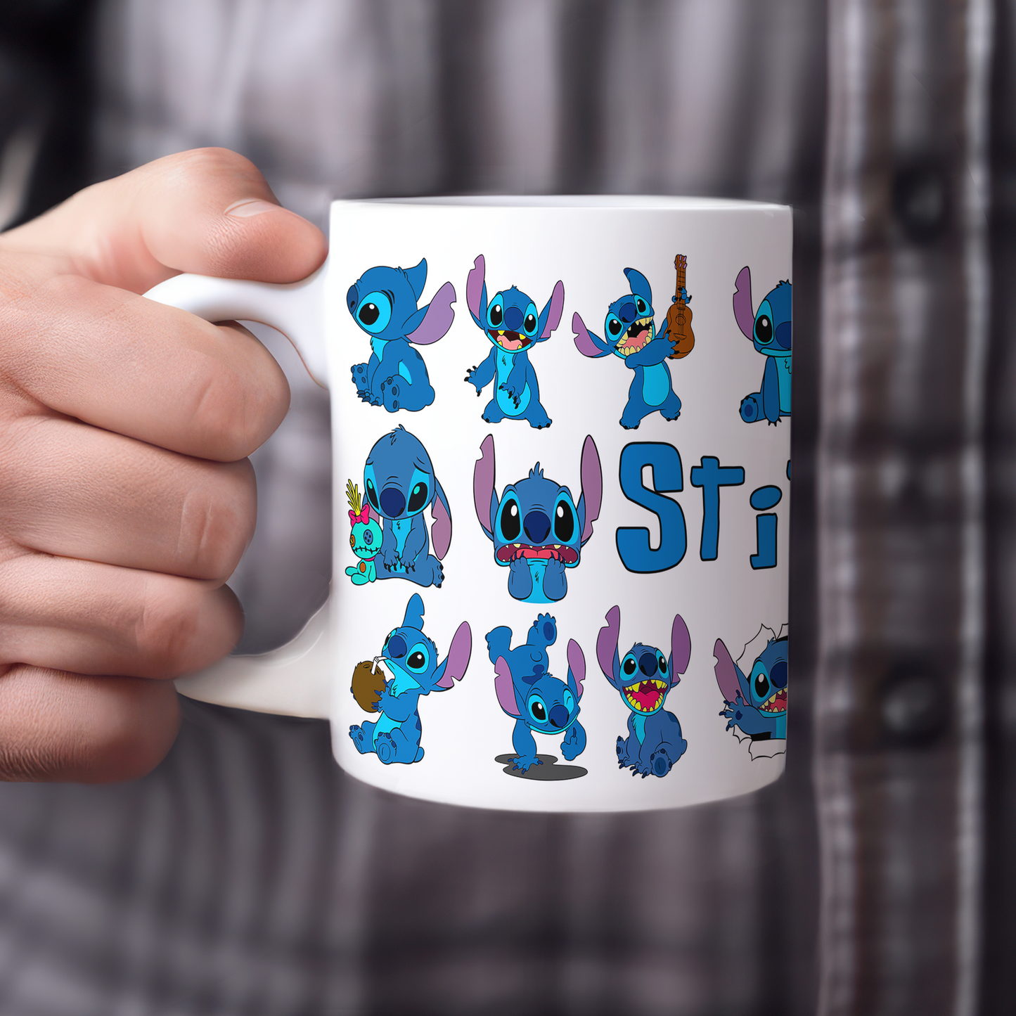 Stitch Character Collage Ceramic Mug – Custom Name | Vibrant & Comfortable