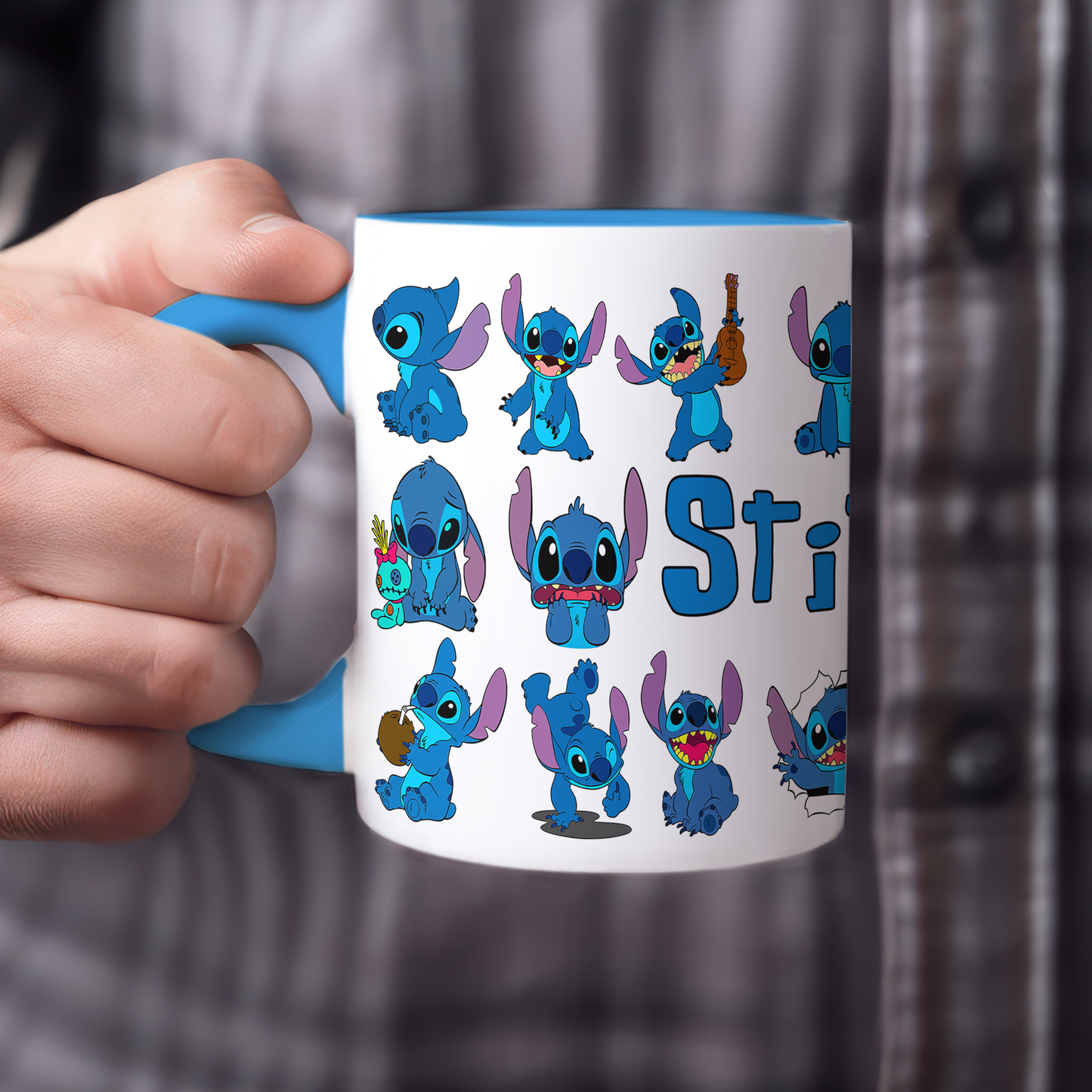 Stitch Character Collage Ceramic Mug with Blue Handle & Rim – Custom Name | Vibrant & Comfortable