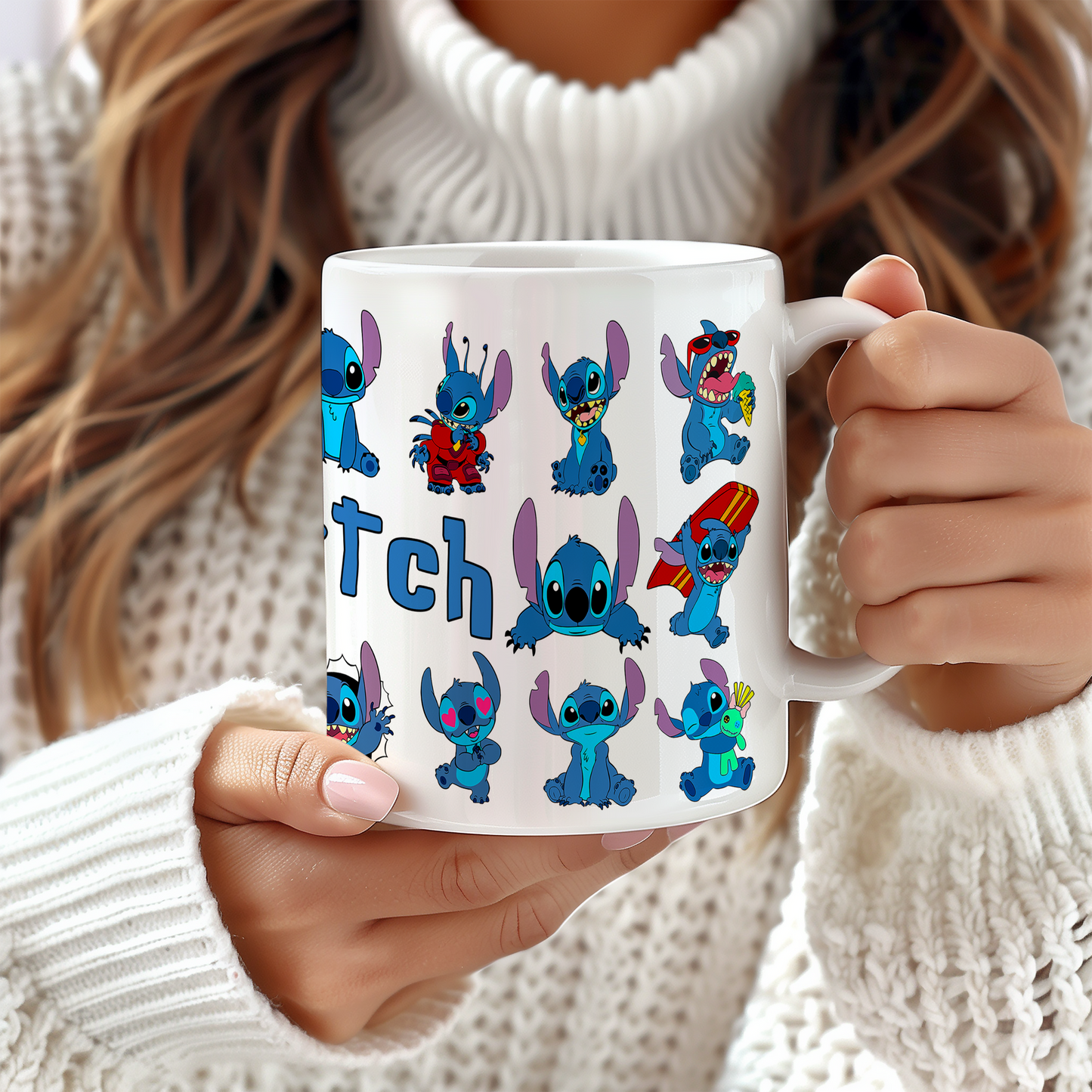 Stitch Character Collage Ceramic Mug – Custom Name | Vibrant & Comfortable