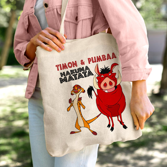 Timon & Pumbaa Hakuna Matata Linen Tote Bag - Custom Name (35x45cm) | Eco-Friendly Lightweight Shopping & Everyday Carrier