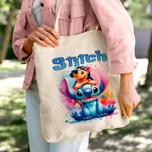 Stitch and Lilo Hug Personalized Linen Tote Bag - Custom Name (35x45cm) | Eco-Friendly Best Friends Shopper & Everyday Carrier