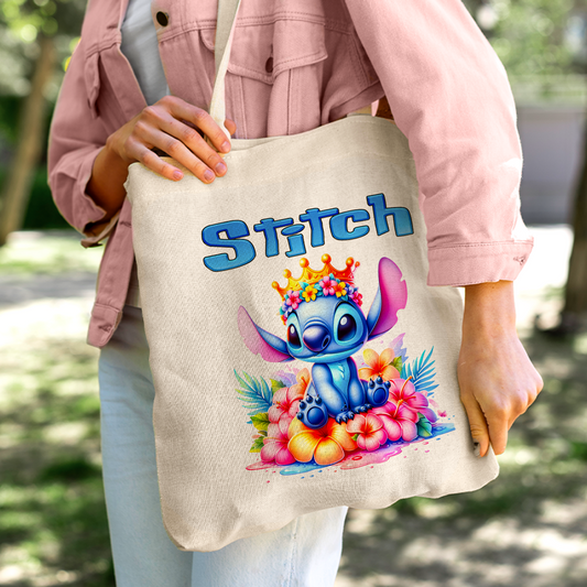 Stitch with Flower Crown & Tropical Hibiscus Linen Tote Bag - Custom Name (35x45cm) | Eco-Friendly Aloha Spirit Shopper