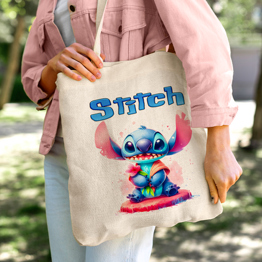 Stitch with Watercolor Flower Personalized Linen Tote Bag - Custom Name (35x45cm) | Eco-Friendly Botanical Shopper & Gift