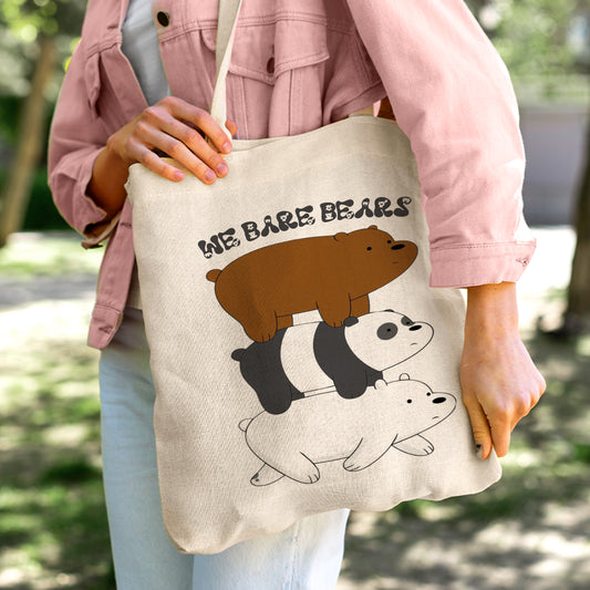 We Bare Bears Stack Linen Tote Bag - Custom Name (35x45cm) | Eco-Friendly Lightweight Shopping & Everyday Carrier