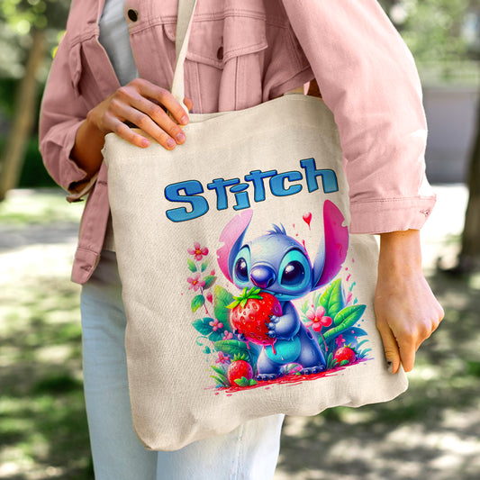 Stitch Eating Strawberry Personalized Linen Tote Bag - Custom Name (35x45cm) | Eco-Friendly Sweet Treats Shopper