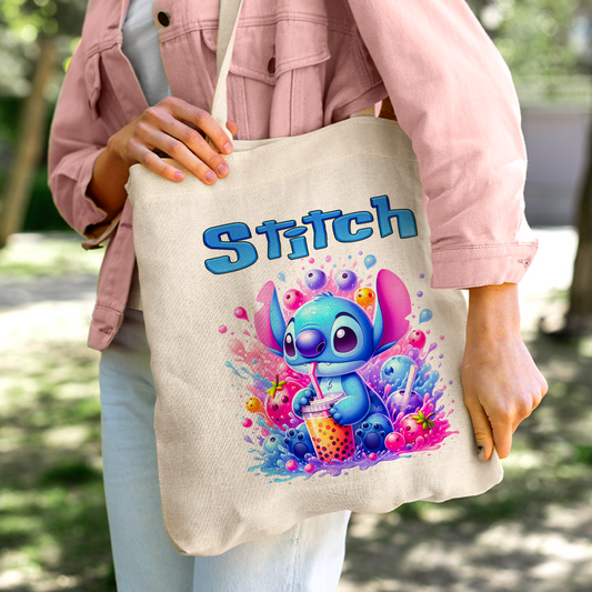 Stitch Tropical Fruit Drink Personalized Linen Tote Bag - Custom Name (35x45cm) | Eco-Friendly Bubble Tea Lover Shopper