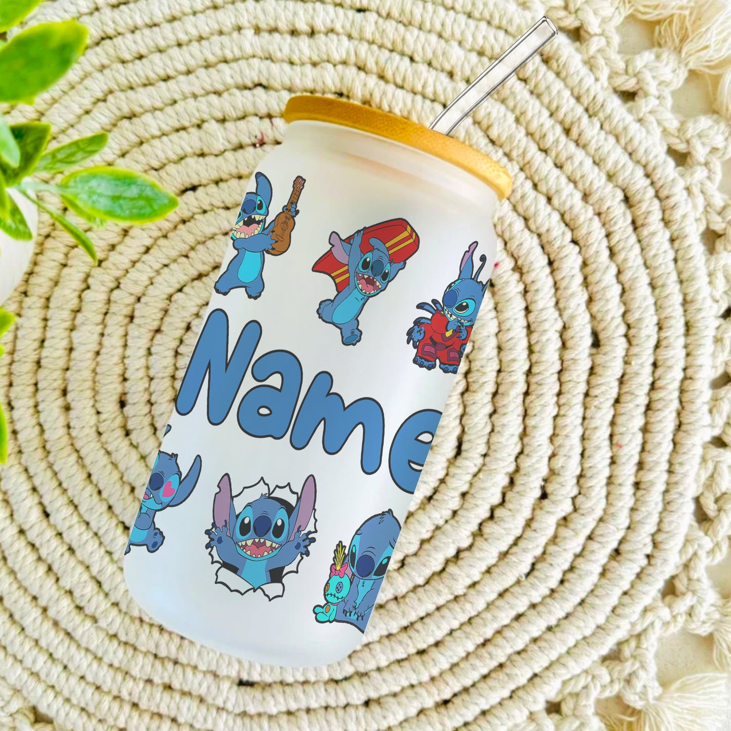 Stitch Character Collage 16oz Glass Tumbler – Custom Name | Bamboo Lid & Straw