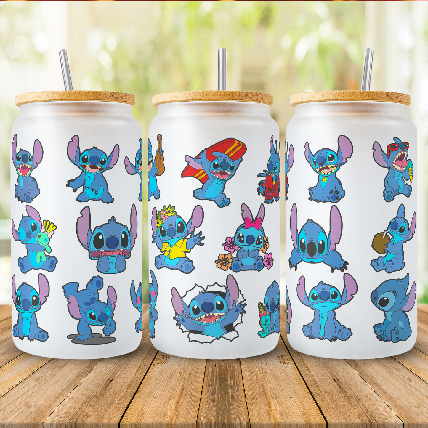 Stitch Character Collage 16oz Glass Tumbler – Custom Name | Bamboo Lid & Straw