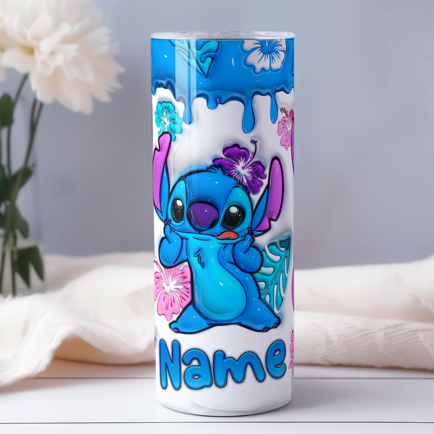 Stitch 3D Tropical Whimsy 20oz Tumbler – Custom Name | Sliding Lid & Straw