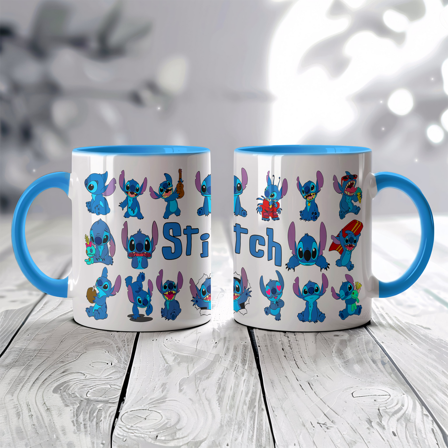 Stitch Character Collage Ceramic Mug with Blue Handle & Rim – Custom Name | Vibrant & Comfortable