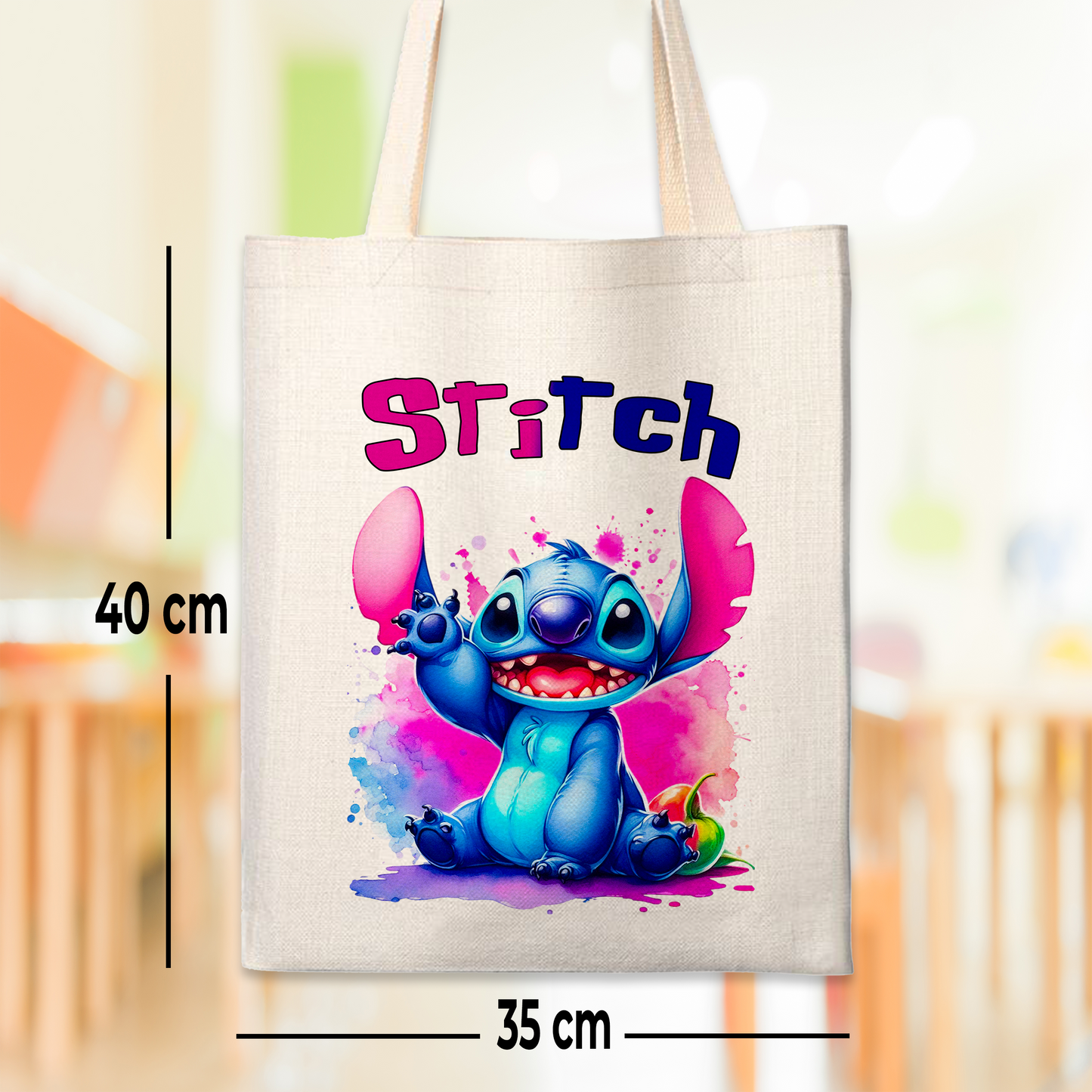 Stitch Hello Colorful Linen Tote Bag - Custom Name | Eco-Friendly Lightweight Shopping & Everyday Carrier