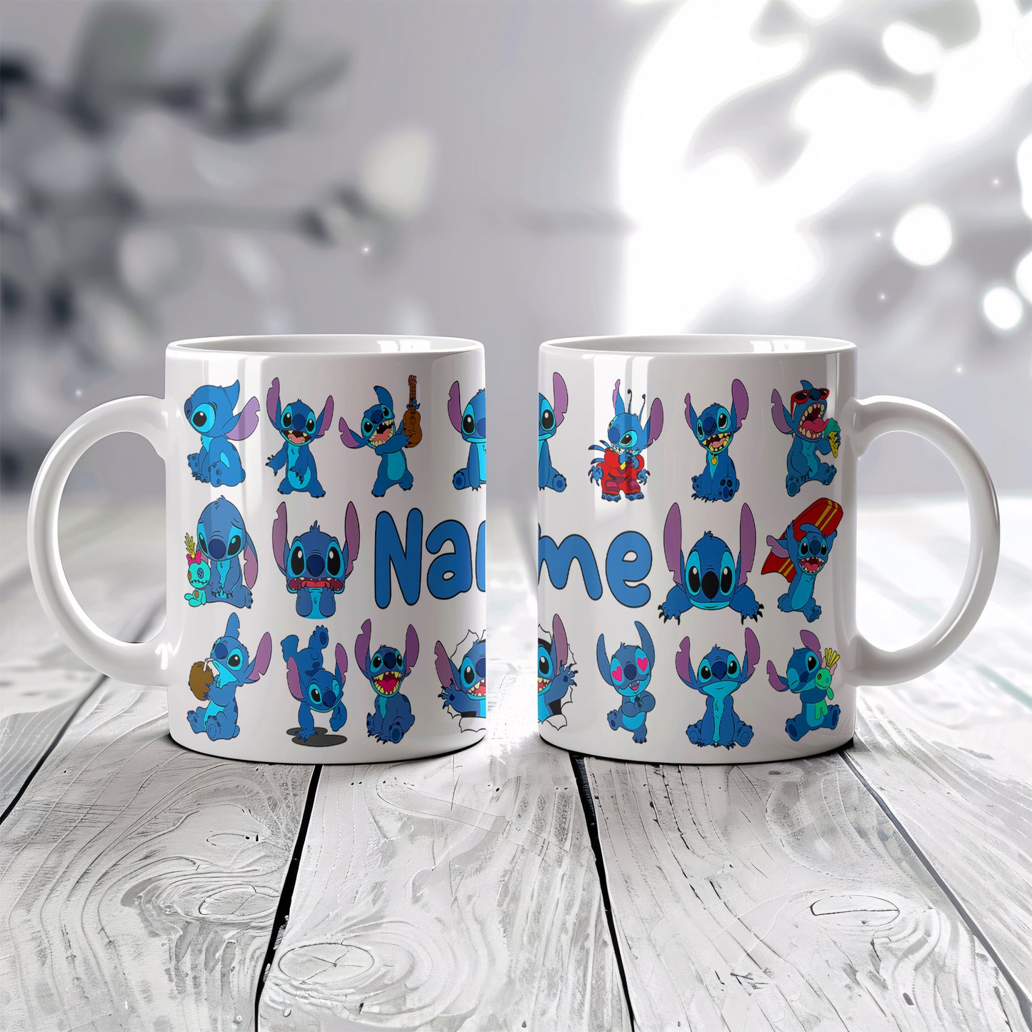 Stitch Character Collage Ceramic Mug – Custom Name | Vibrant & Comfortable