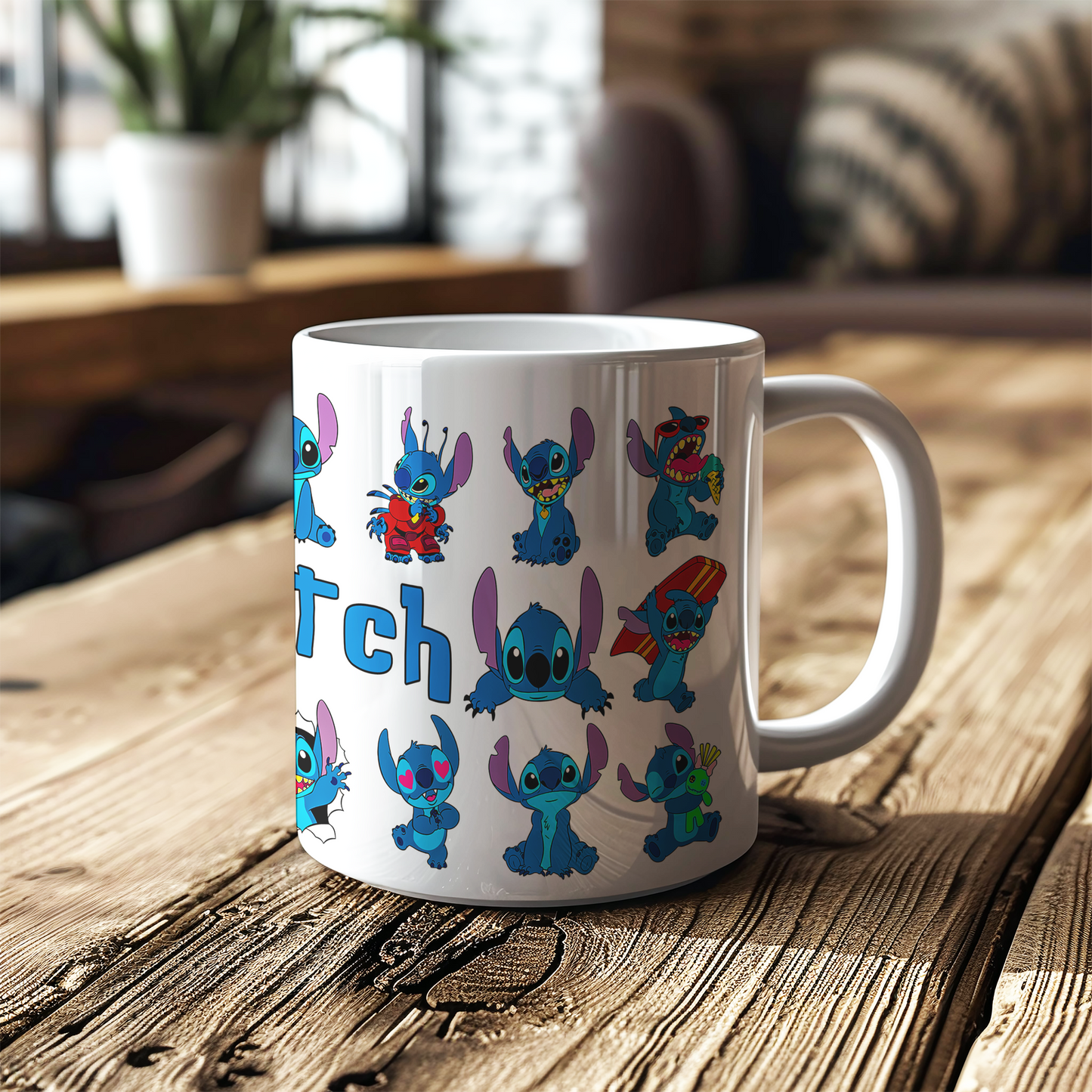 Stitch Character Collage Ceramic Mug – Custom Name | Vibrant & Comfortable