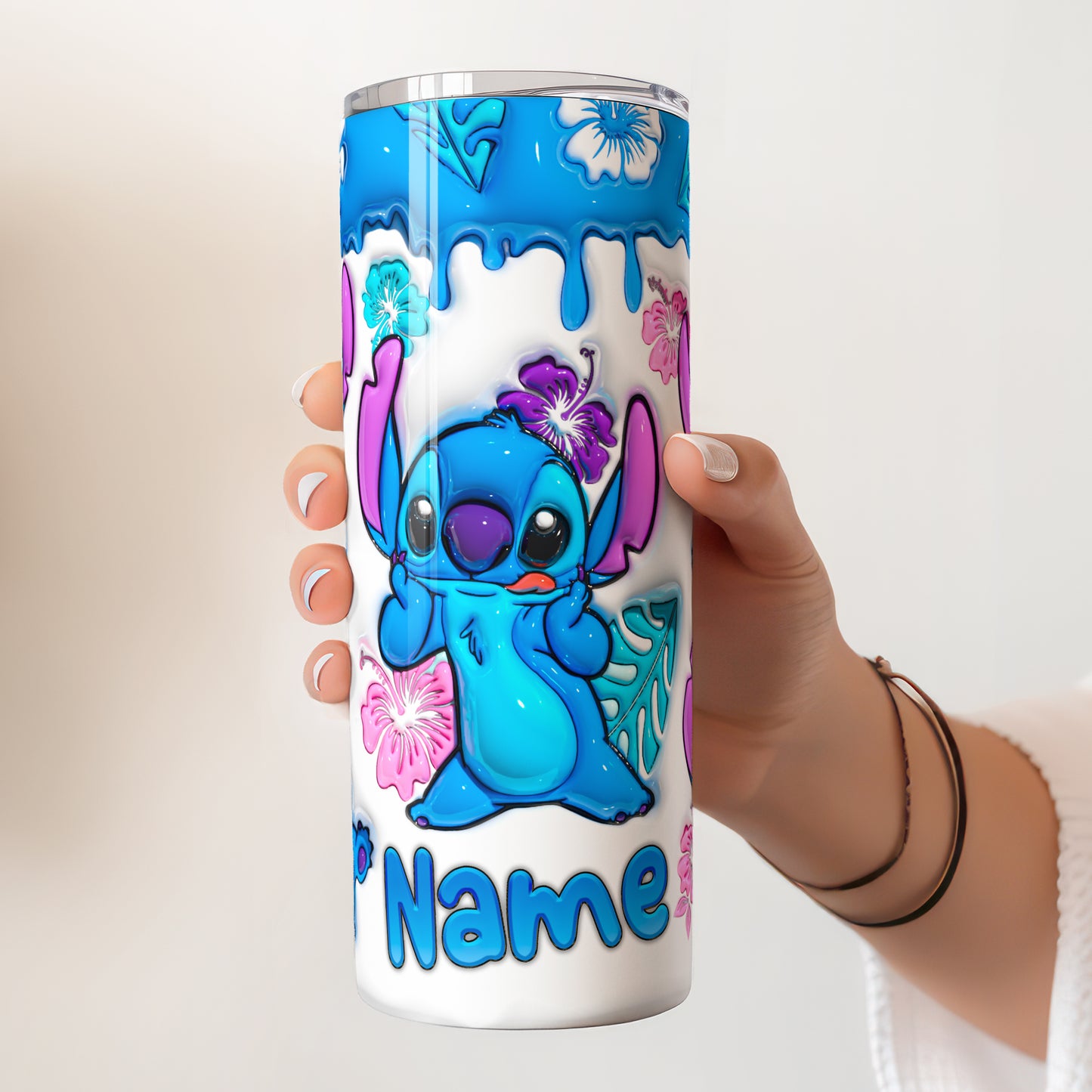 Stitch 3D Tropical Whimsy 20oz Tumbler – Custom Name | Sliding Lid & Straw