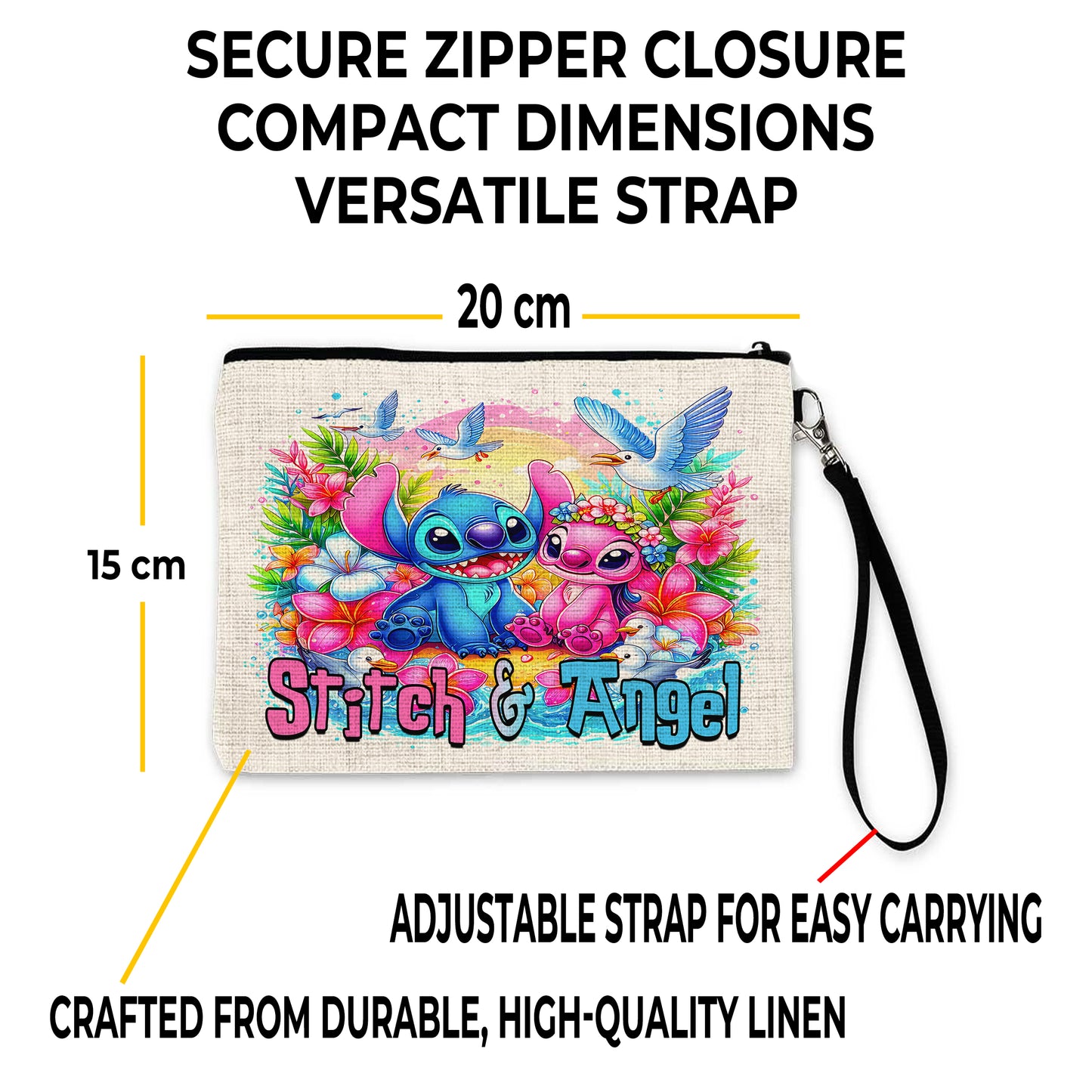Stitch & Angel Tropical Linen Pouch – Custom Name | Zipper Closure & Detachable Wrist Strap