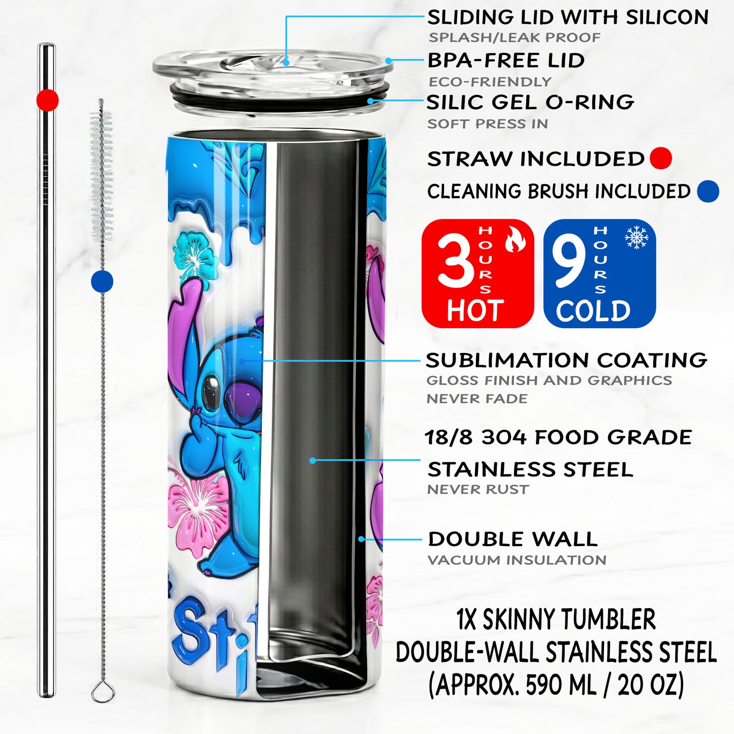 Stitch Tropical 3D Skinny Tumbler - Custom Name (20oz) | Insulated Stainless Steel Travel Cup