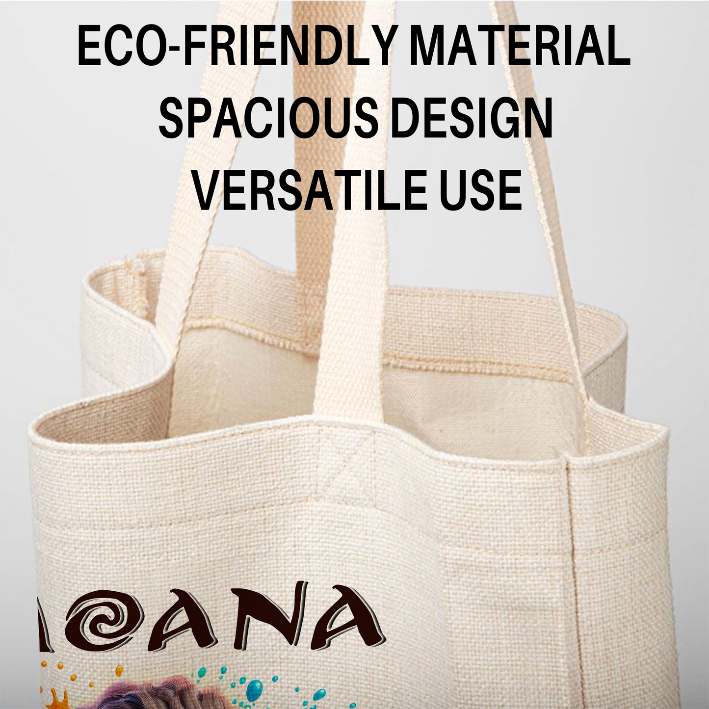 Chibi Moana Linen Tote Bag - Custom Name (35x45cm) | Eco-Friendly Lightweight Shopping & Everyday Carrier