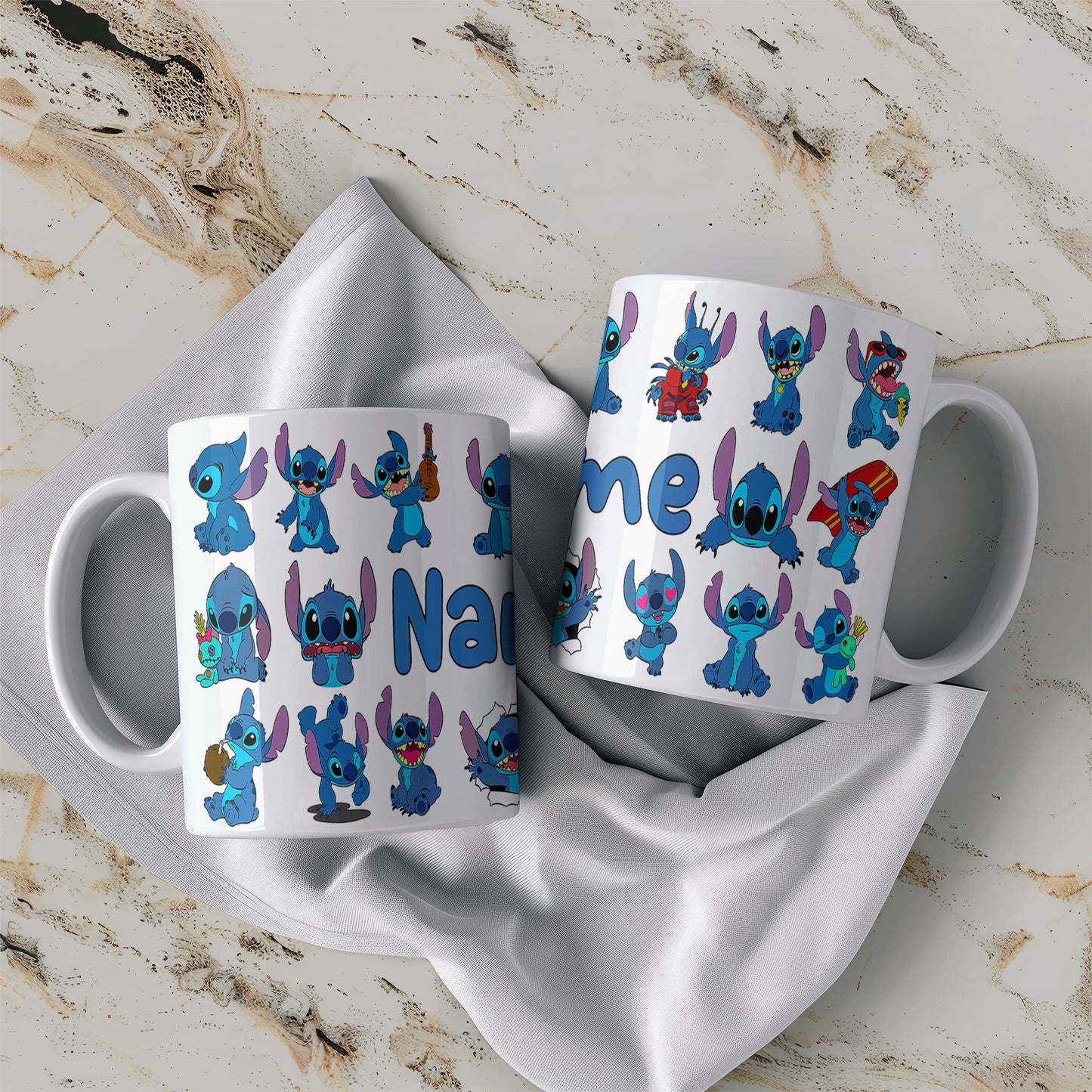 Stitch Character Collage Ceramic Mug – Custom Name | Vibrant & Comfortable