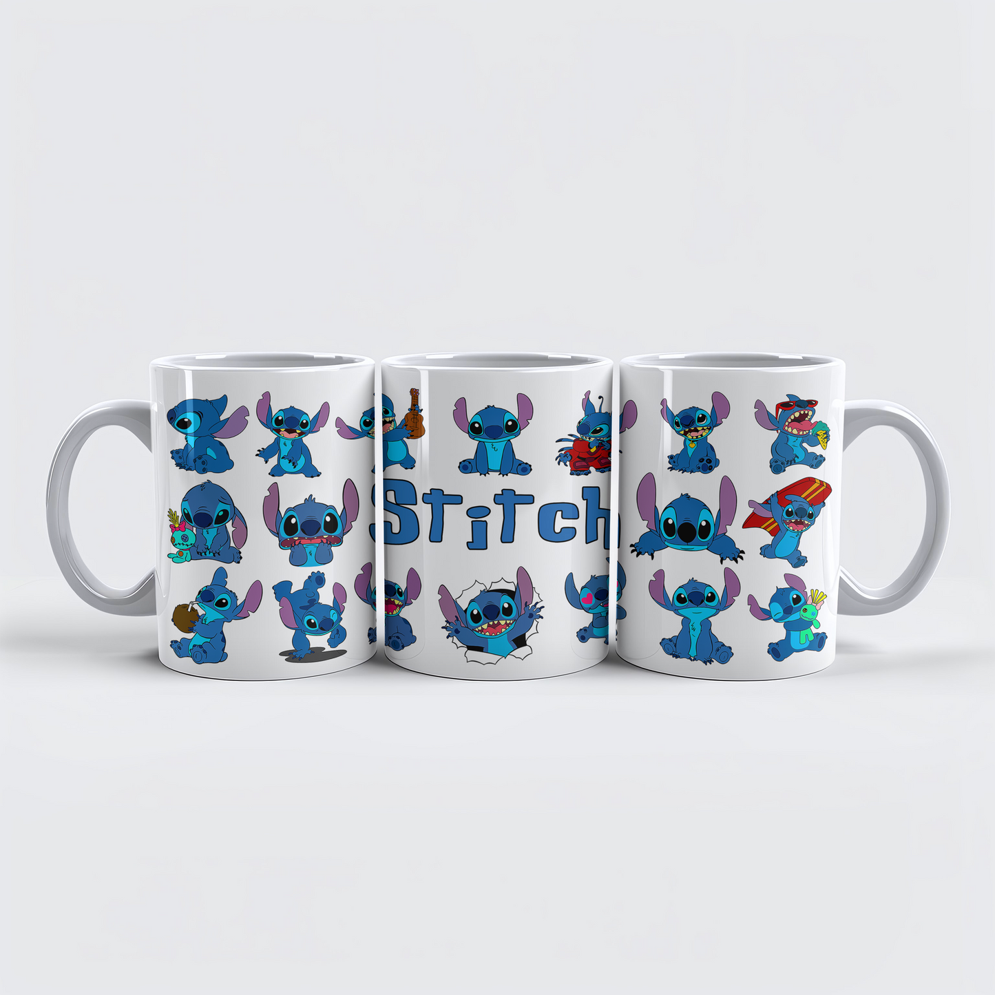 Stitch Character Collage Ceramic Mug – Custom Name | Vibrant & Comfortable