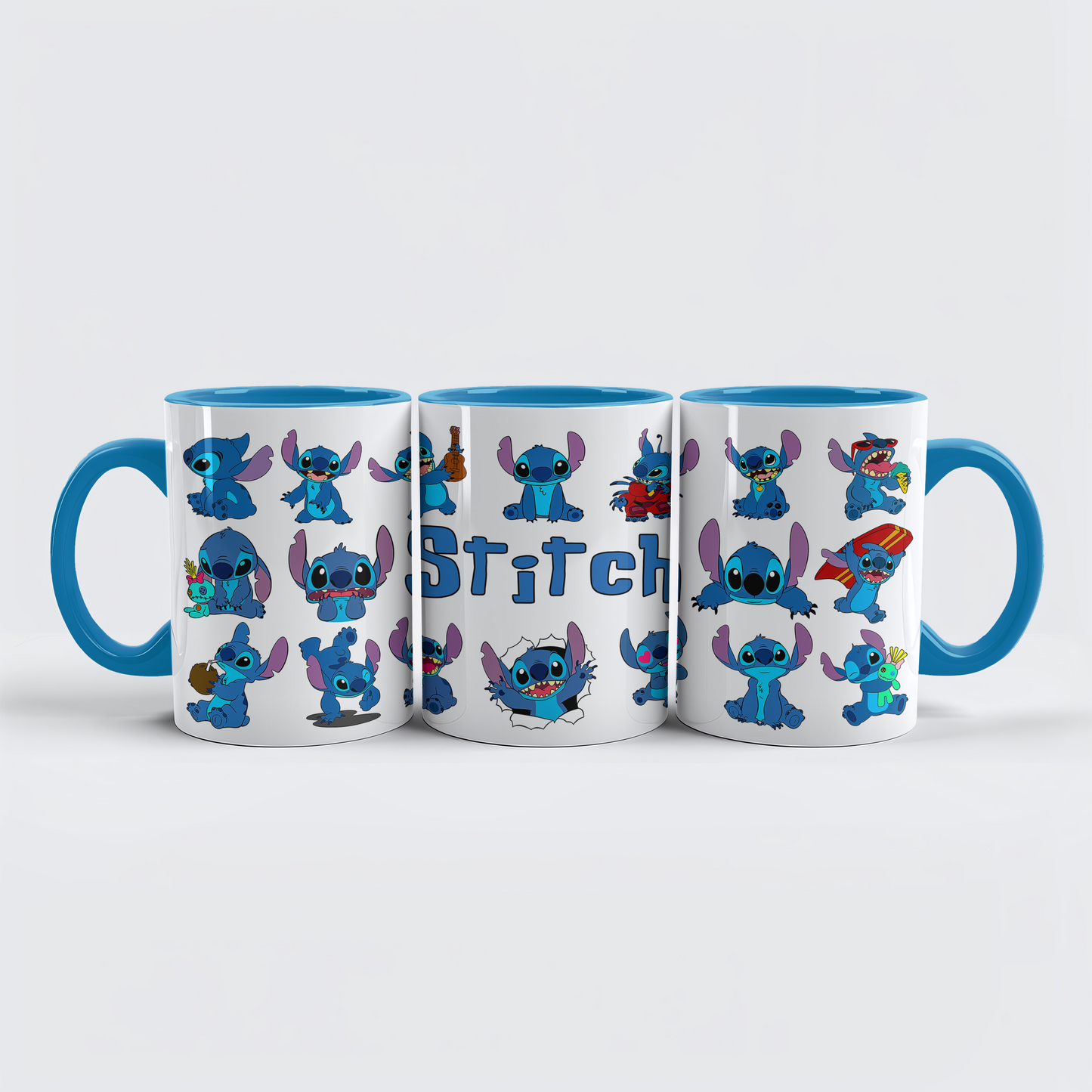 Stitch Character Collage Ceramic Mug with Blue Handle & Rim – Custom Name | Vibrant & Comfortable
