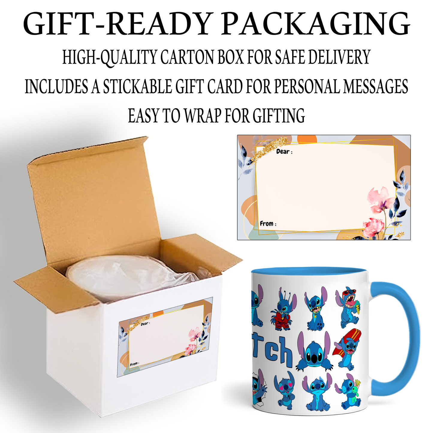 Stitch Character Collage Ceramic Mug with Blue Handle & Rim – Custom Name | Vibrant & Comfortable