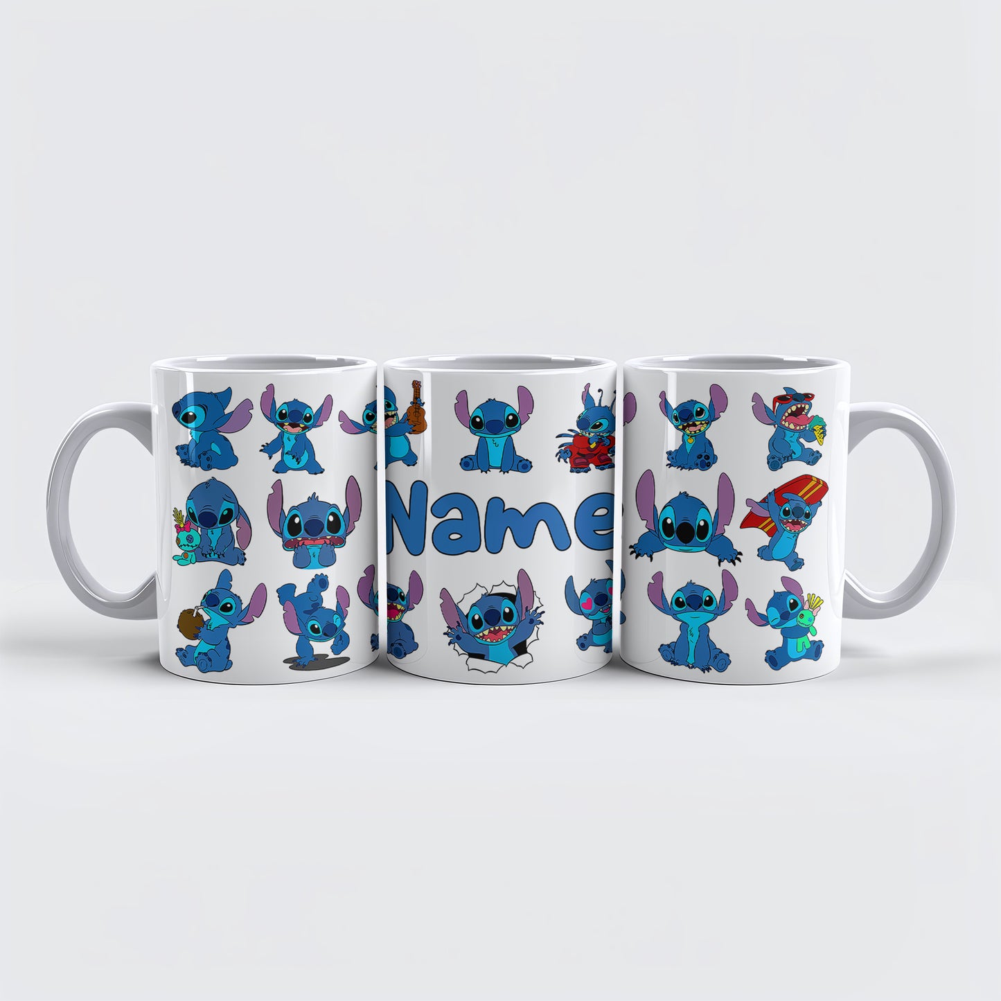 Stitch Character Collage Ceramic Mug – Custom Name | Vibrant & Comfortable