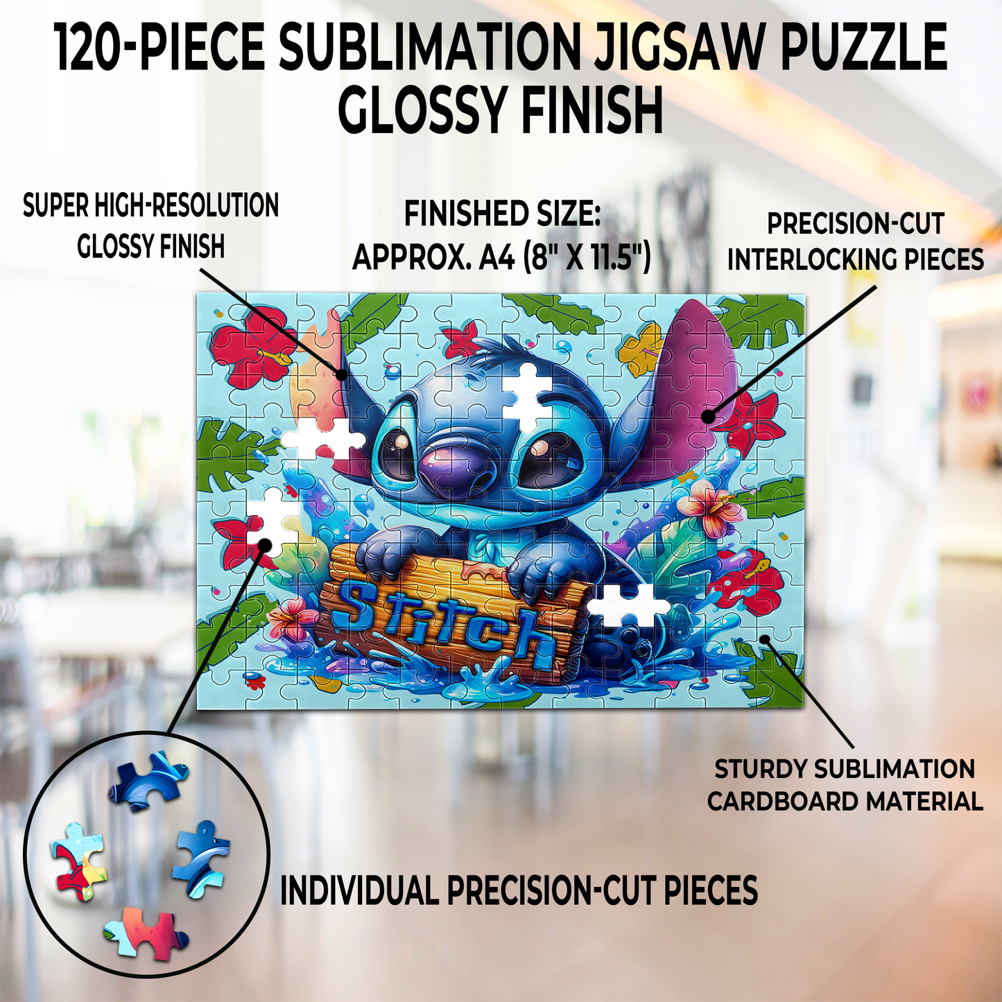 Stitch Tropical Adventure Jigsaw Puzzle 120-Piece A4 - Custom Name | Premium & Precision-Cut