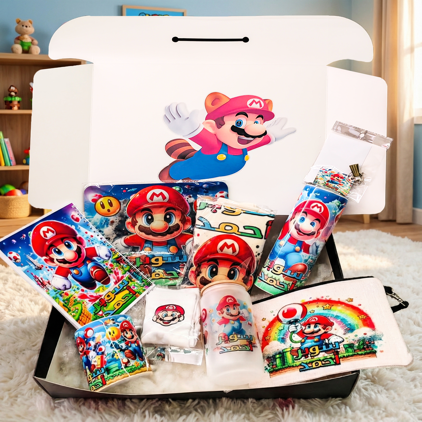Super Mario Power-Up Box – Custom Name | Includes Notebook, Mouse Pad, Pouch & Drinkware Set & More