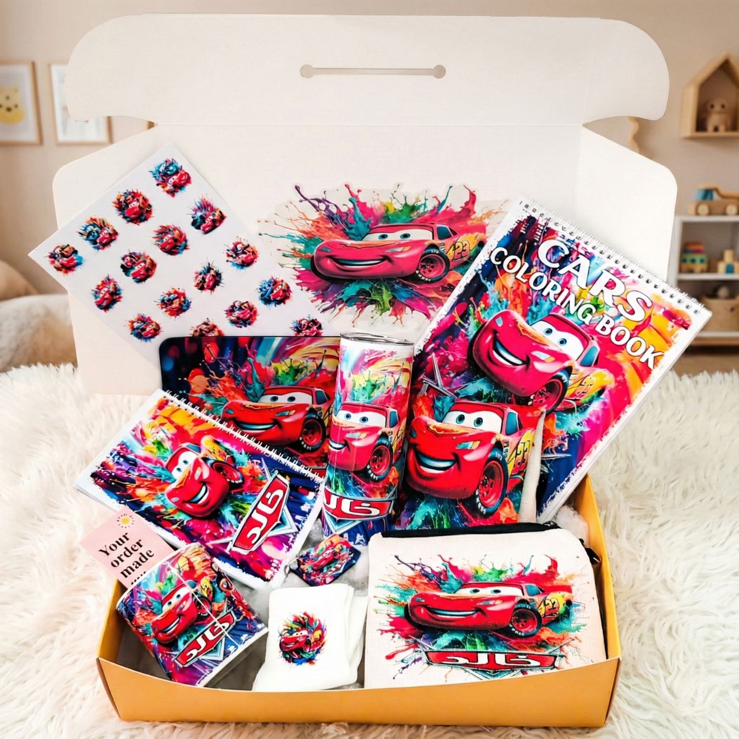 Lightning McQueen Speed Box – Custom Name | Includes Coloring Book, Notebook, Mouse Pad & Drinkware Set & More