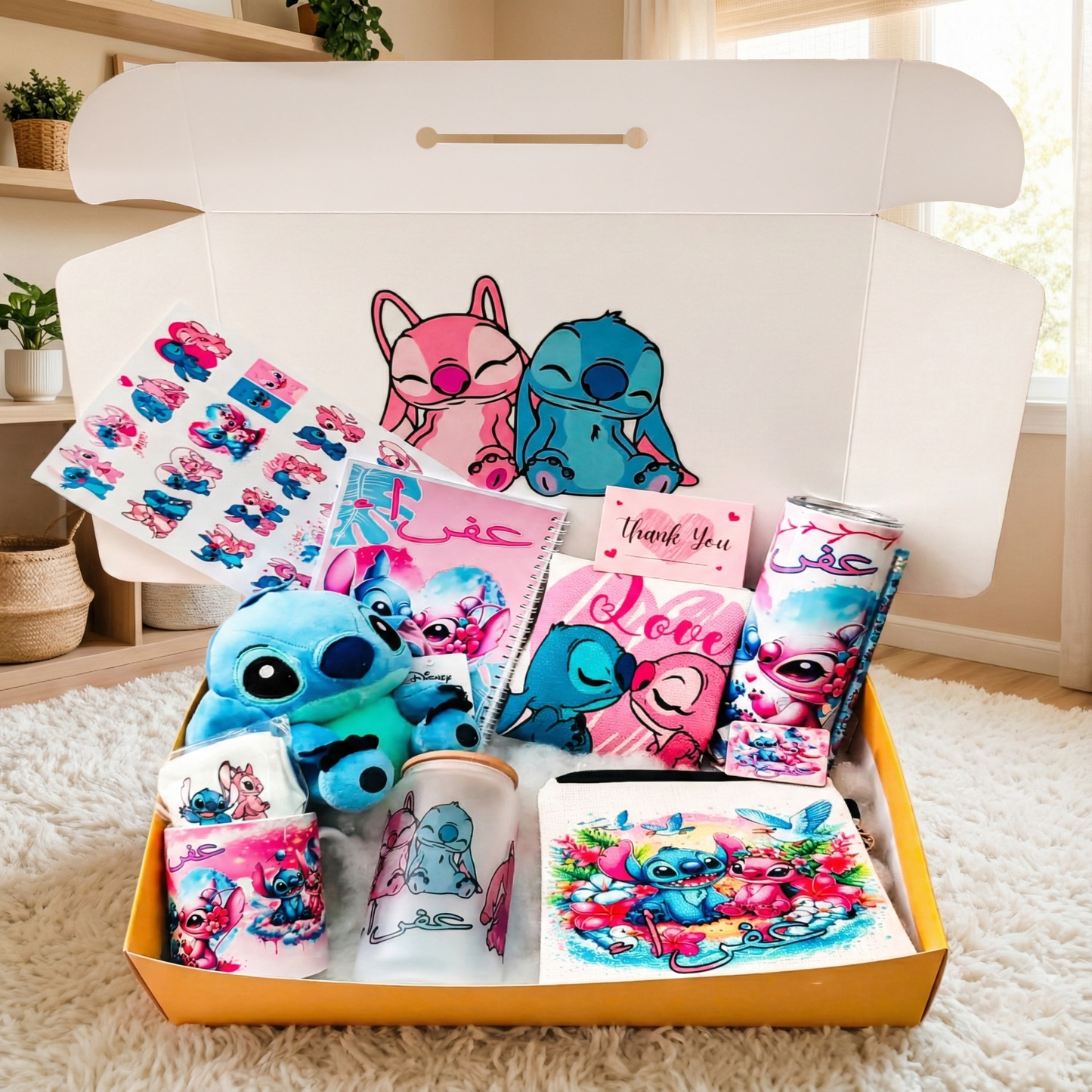 Stitch & Angel Love Box – Custom Name | Includes Plush, Tote Bag, Pouch & Drinkware Set & More