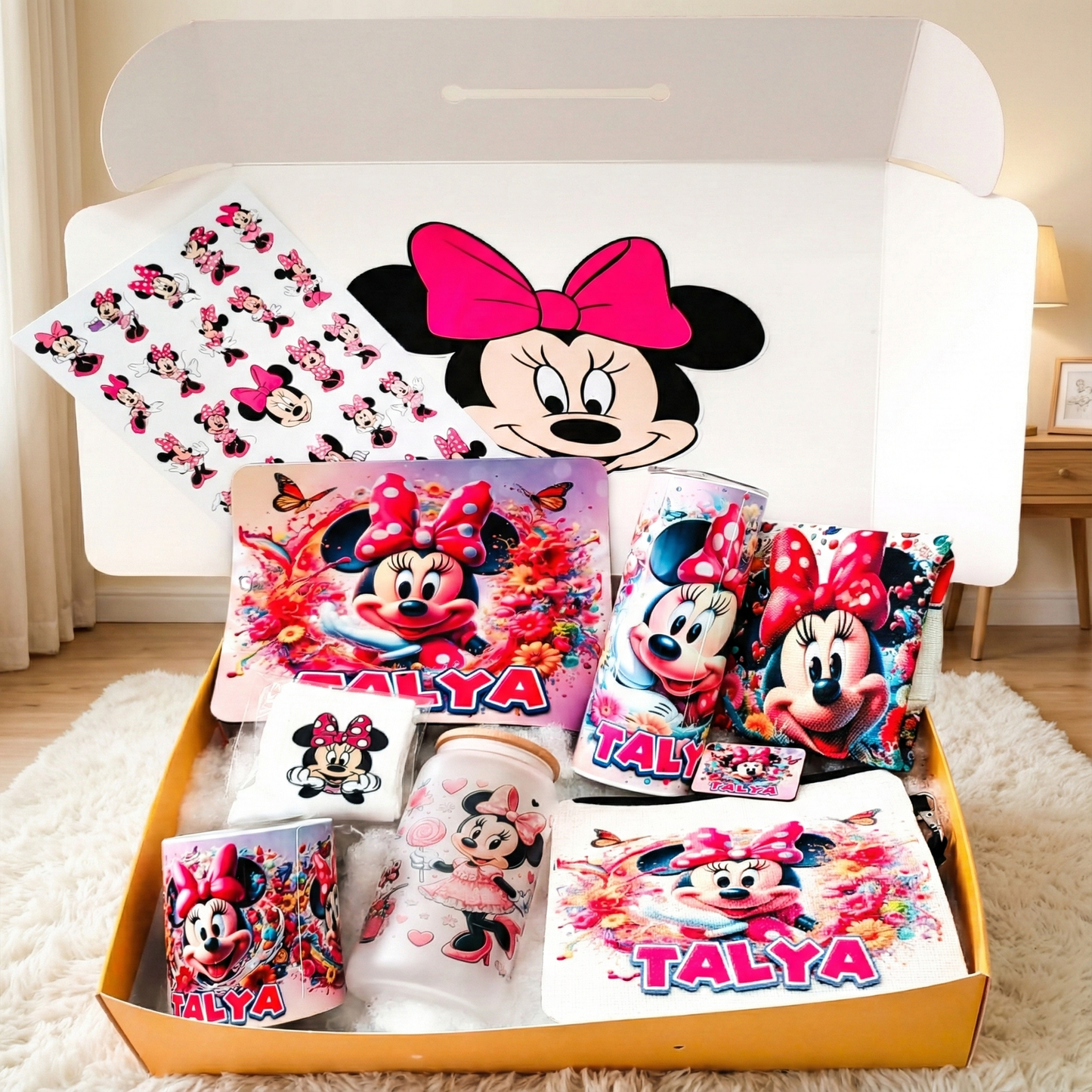 Minnie Mouse Bow-tique Box – Custom Name | Includes Tote Bag, Pouch, Mouse Pad & Drinkware Set & More