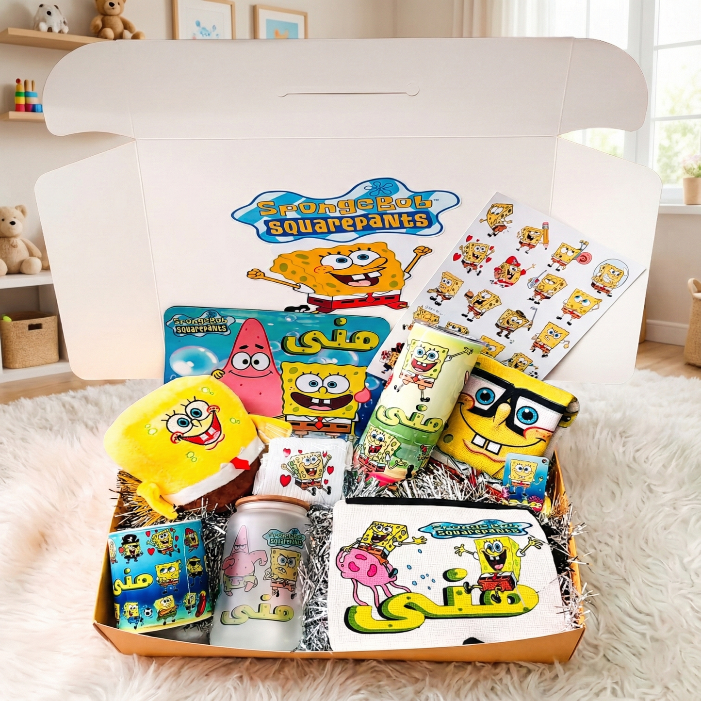 SpongeBob Bikini Bottom Box – Custom Name | Includes Plush, Tote Bag, Pouch & Drinkware Set & More