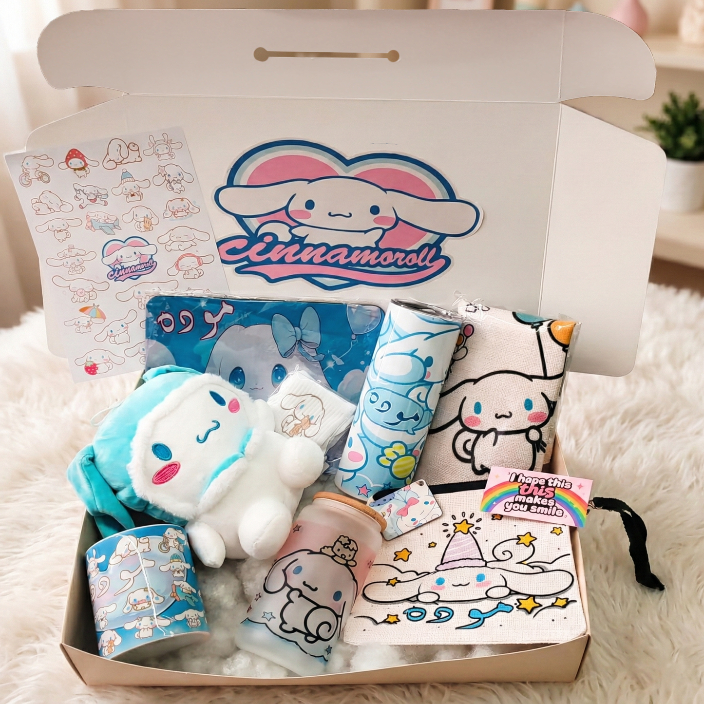 Cinnamoroll Fluffy Dream Box – Custom Name | Includes Plush, Tote Bag, Pouch & Drinkware Set & More