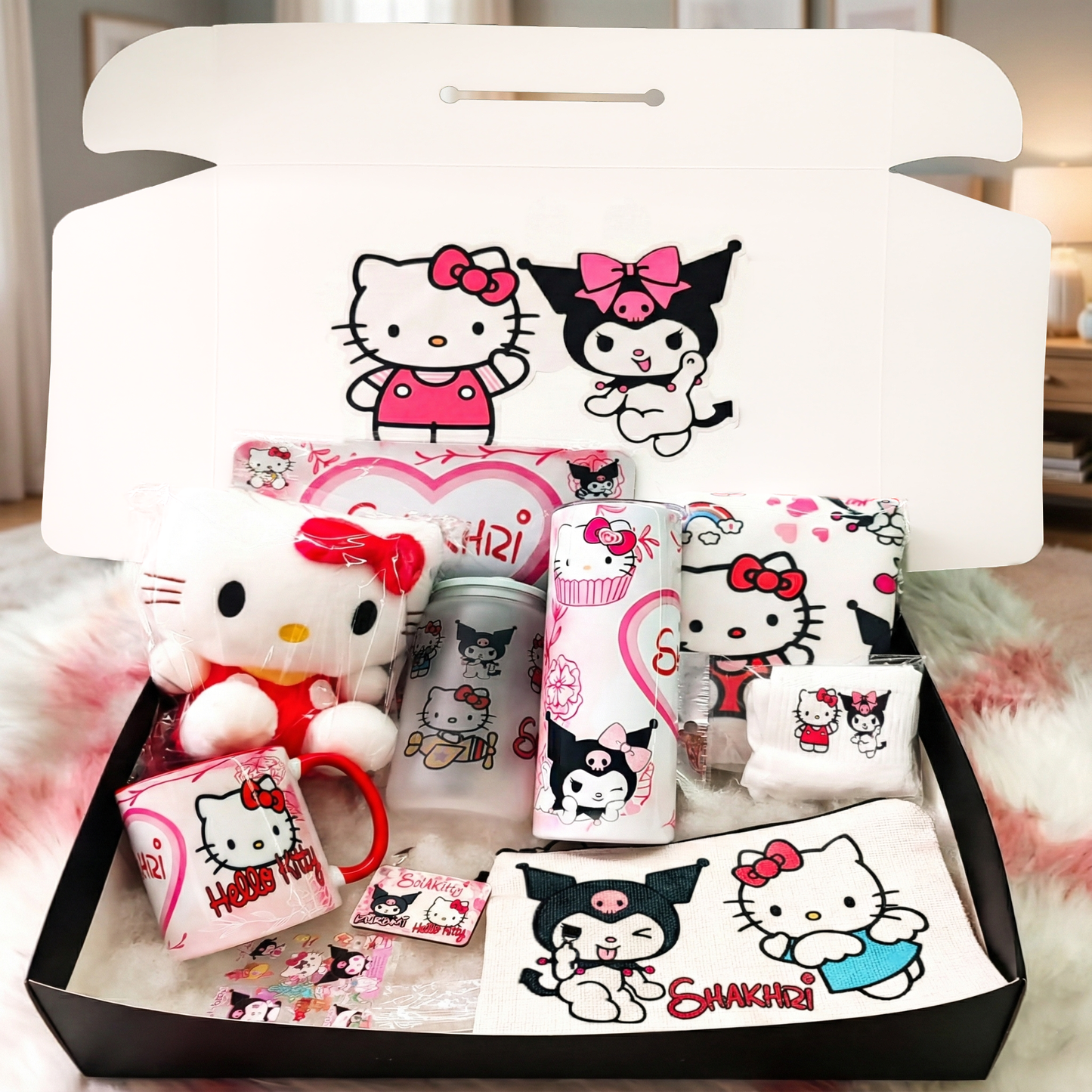 Hello Kitty & Kuromi BFF Box – Custom Name | Includes Hello Kitty Plush, Tote Bag, Pouch & Drinkware Set & More