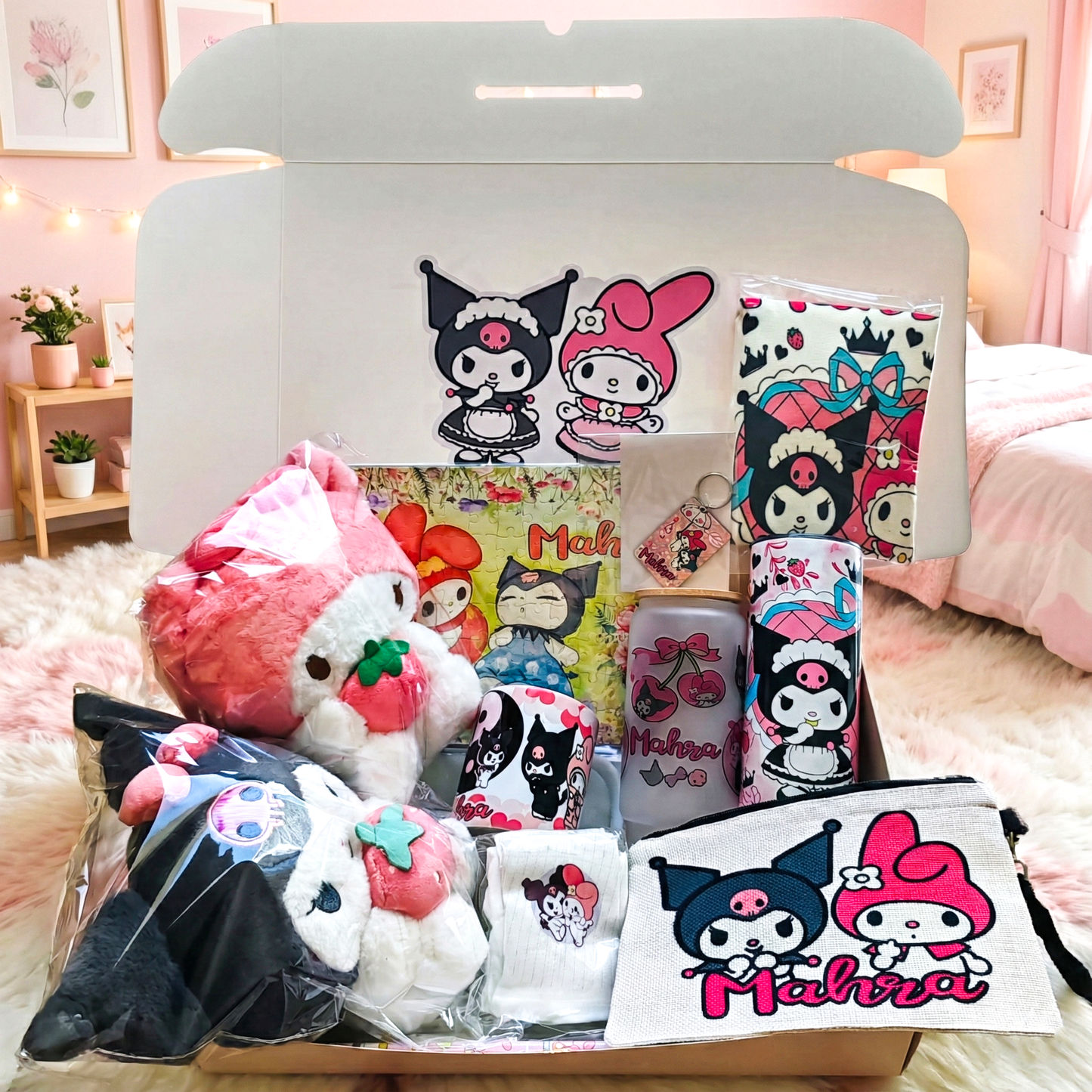 Kuromi & My Melod Ultimate Duo Box – Custom Name | Includes 2 Plushies, Puzzle, Pouch & Drinkware Set & More