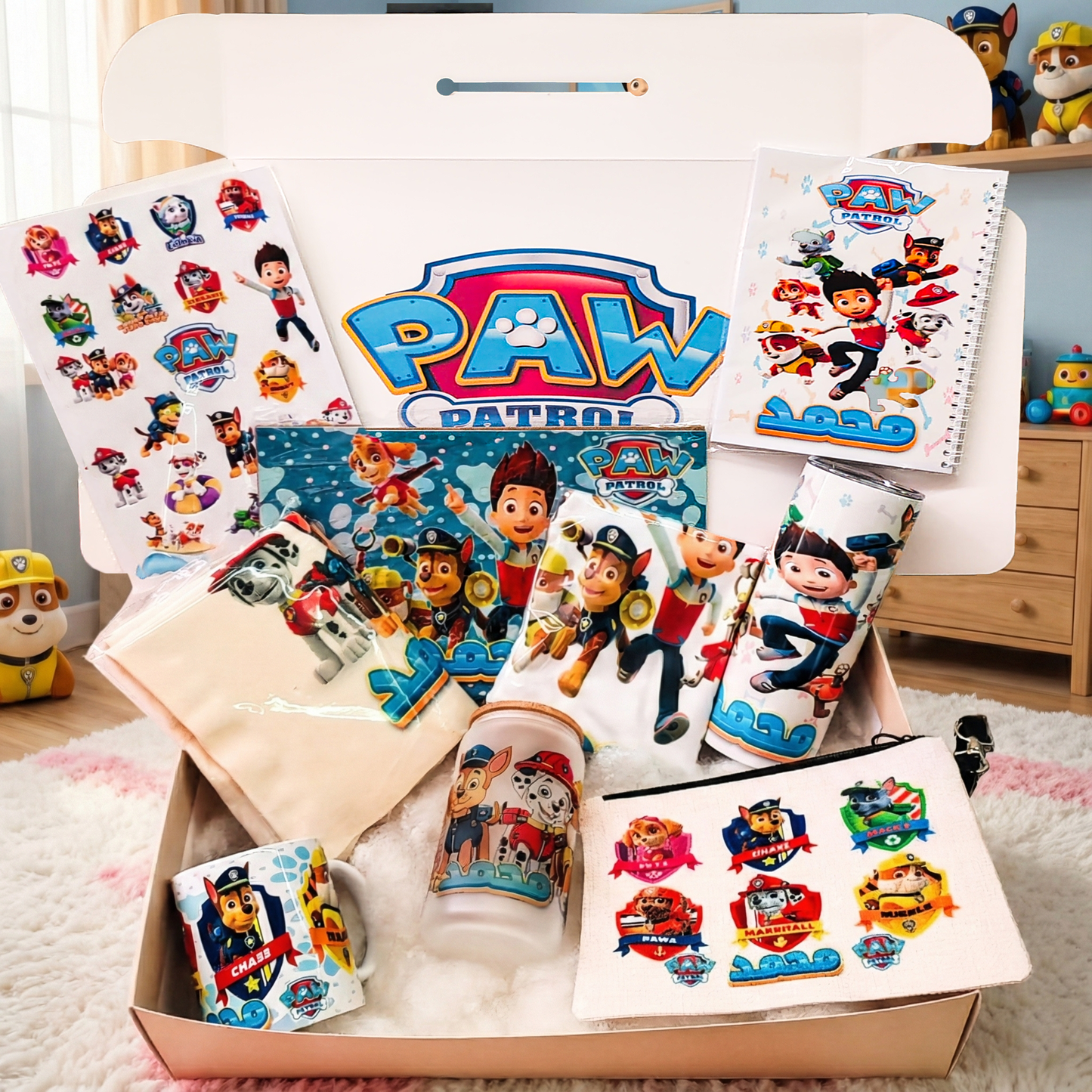 PAW Patrol Rescue Box – Custom Name | Includes Notebook, Mouse Pad, Pouch & Drinkware Set & More
