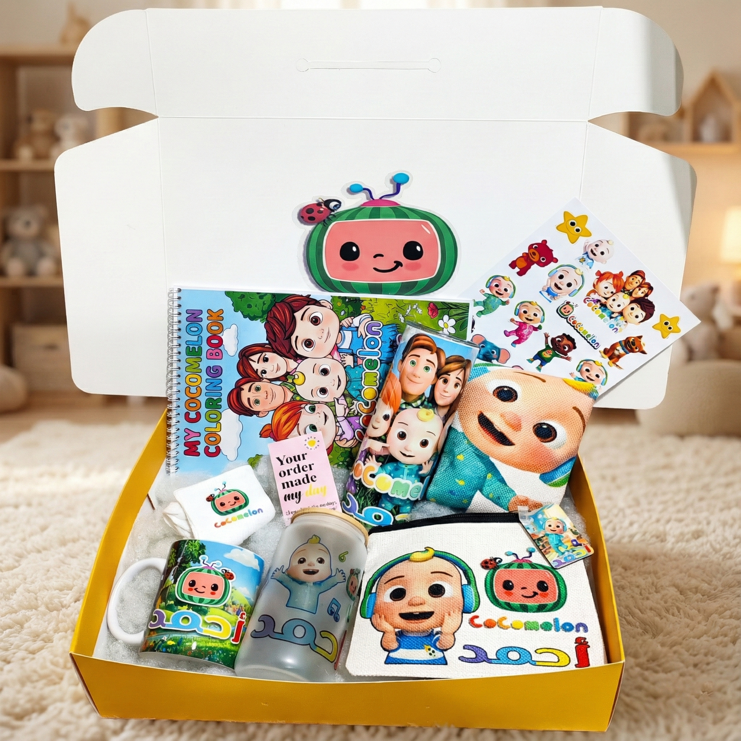 Cocomelon Playtime Box – Custom Name | Includes Coloring Book, Tote Bag, Pouch & Drinkware Set & More