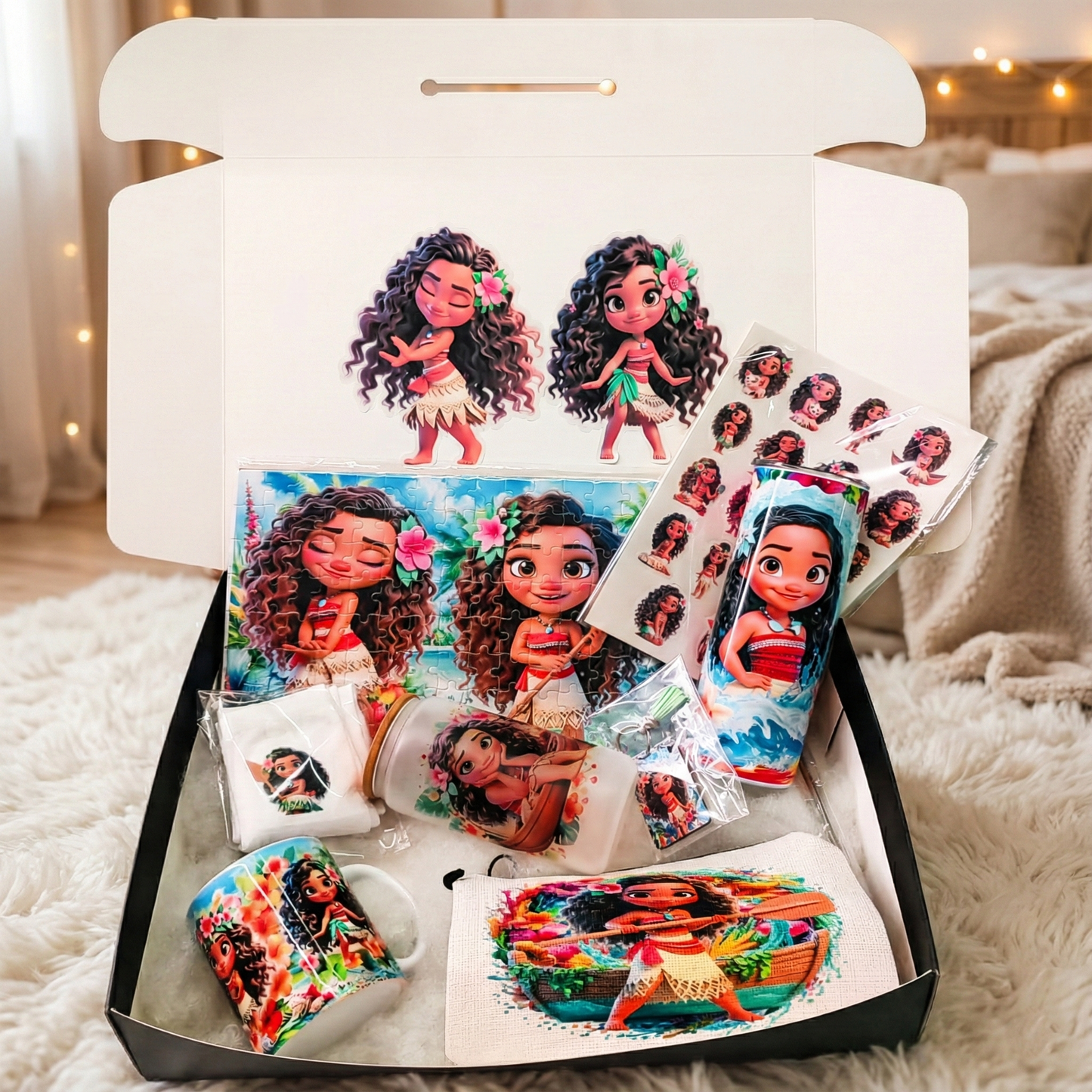 Moana Chibi Adventure Box – Custom Name | Includes Puzzle, Pouch, Socks & Drinkware Set & More