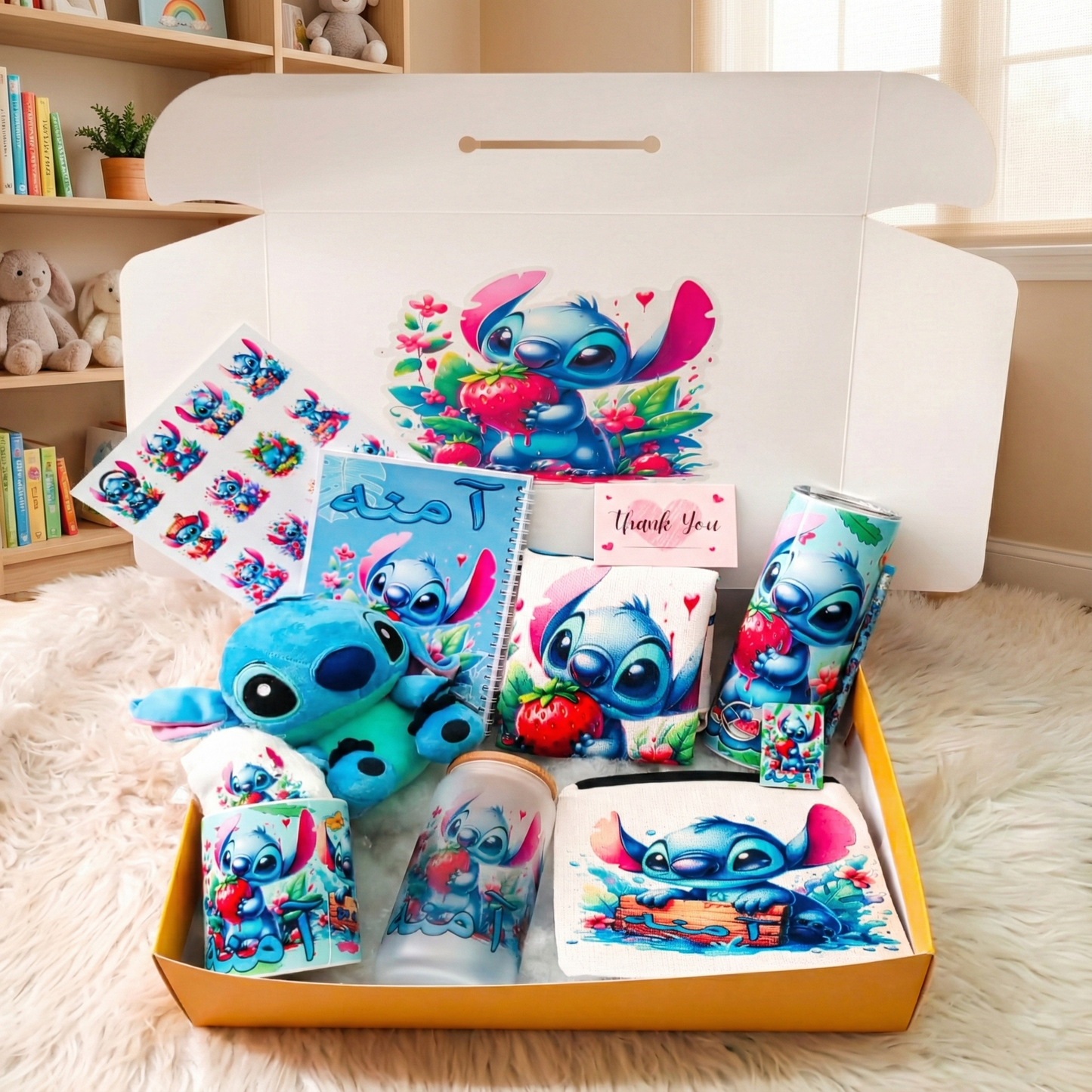 Stitch Strawberry Splash Box – Custom Name | Includes Plush, Tote Bag, Pouch & Drinkware Set & More