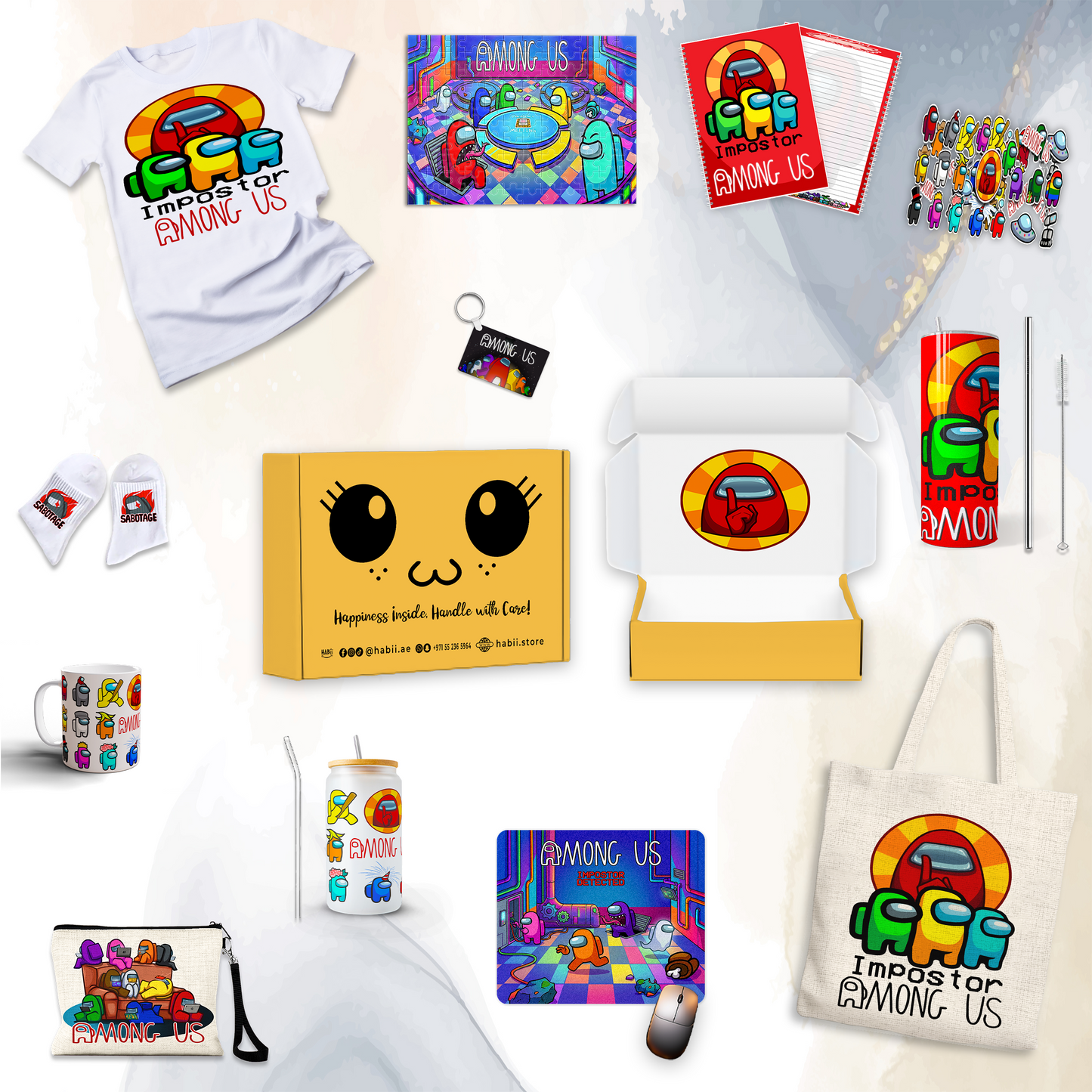 Among Us Impostor Box – Custom Name | Includes T-Shirt, Puzzle, Notebook & Drinkware Set & More