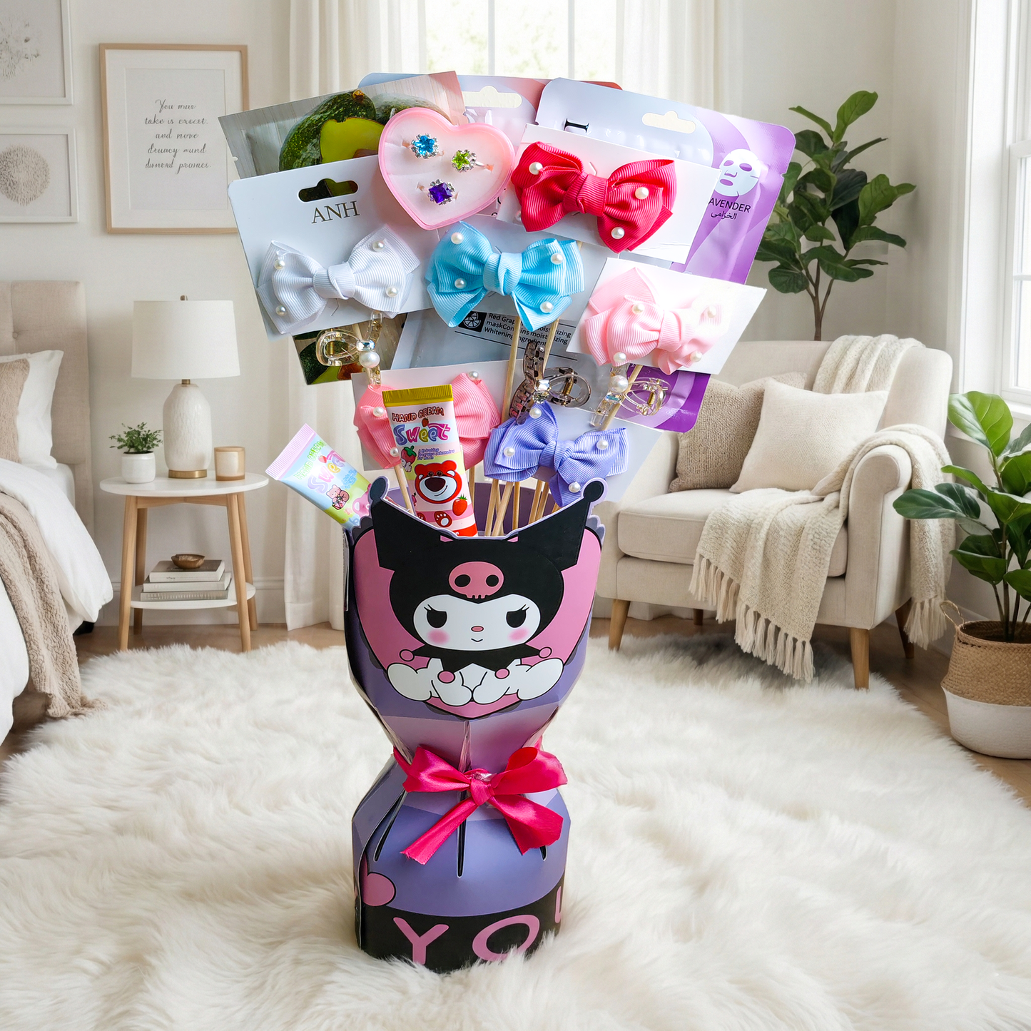 Kuromi Beauty & Care Bouquet – Includes Hand Cream, Hair Accessories, Skincare & Jewelry
