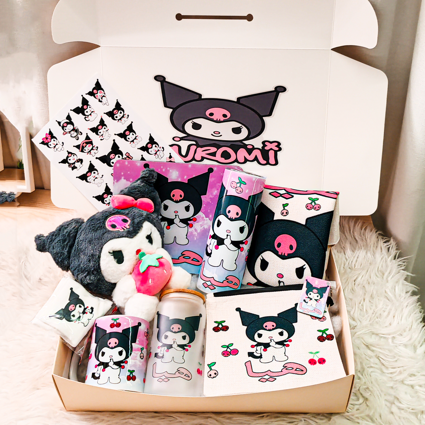 Kuromi Mania Box – Custom Name | Includes Plush, Tote Bag, Pouch & Drinkware Set & More