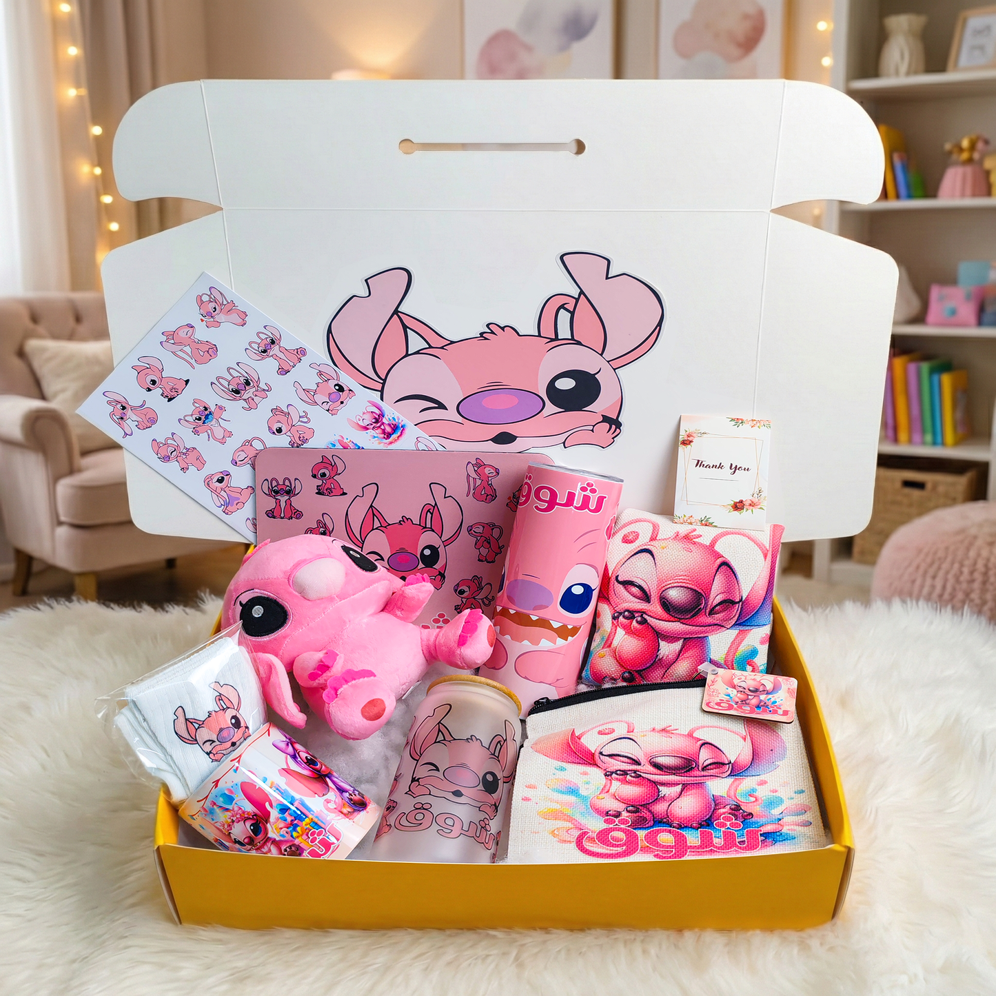 Angel Mania Box | Custom Name | Includes Plush, Tote Bag, Pouch & Drinkware Set & More